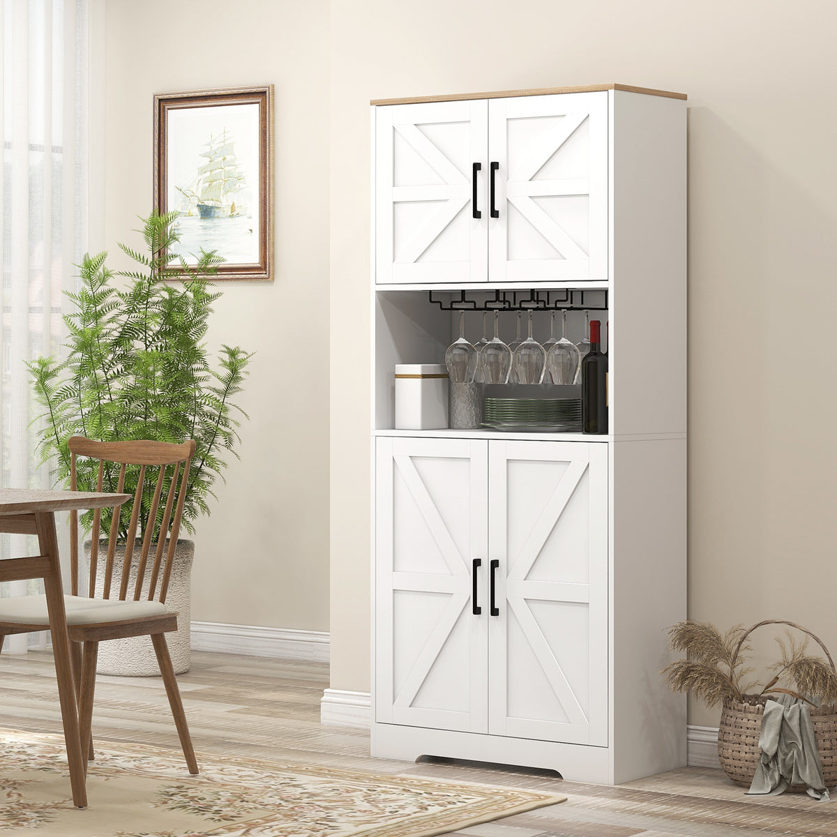 Freestanding Hutch Storage Cabinet with Microwave Oven Countertop – 28"W x 68"H