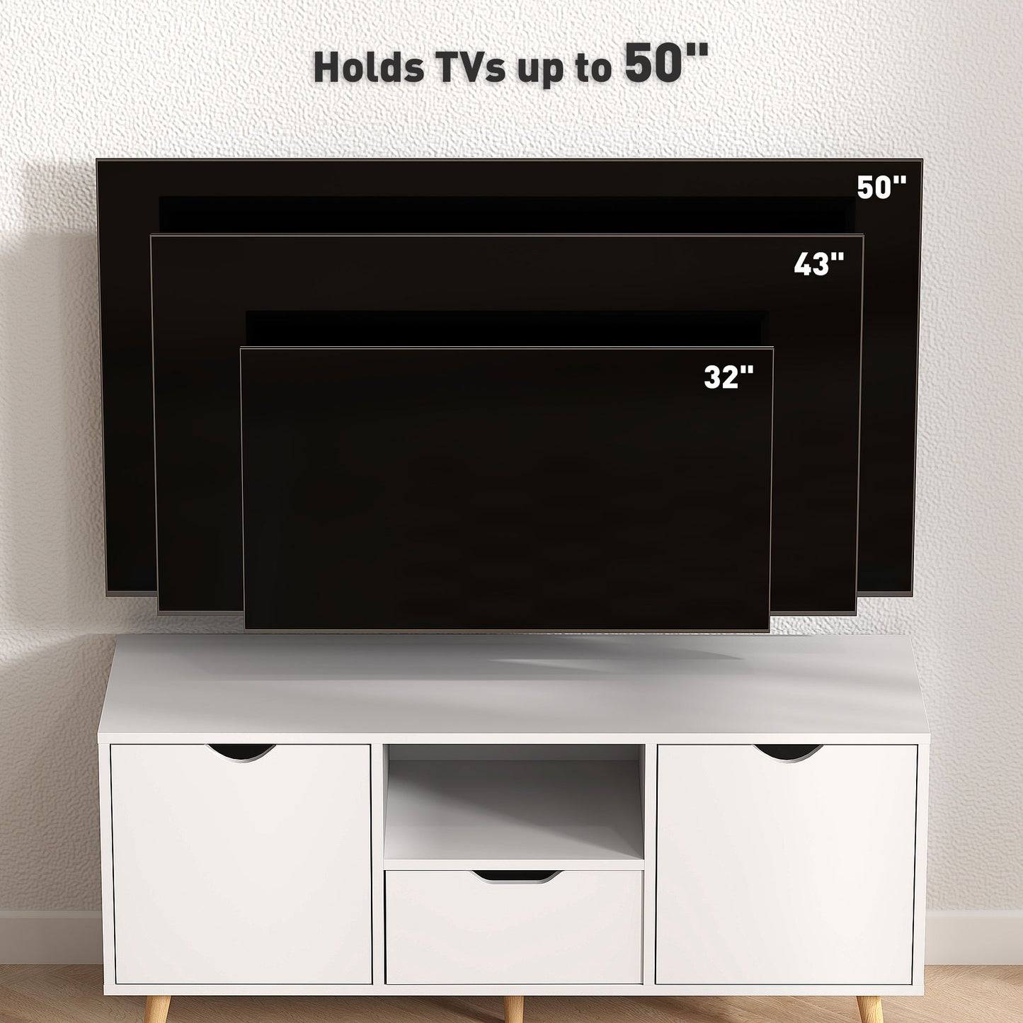 HOMCOM Modern White TV Stand with Open Shelf, Drawer & Cabinets for 50-inch TVs