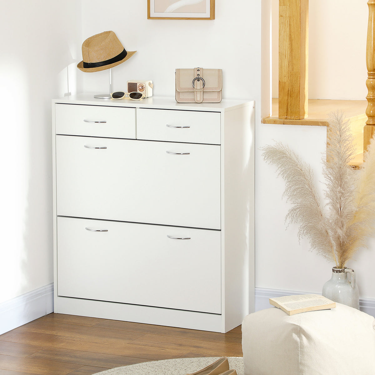 Narrow Shoe Storage with 2 Flip Drawers and Adjustable Shelves – 32"W x 36"H