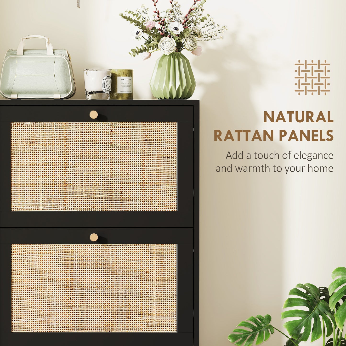 Elegant Rattan Entryway Shoe Cabinet with 3 Flip-Down Drawers, Adjustable Shelves, Organizes 18 Pairs