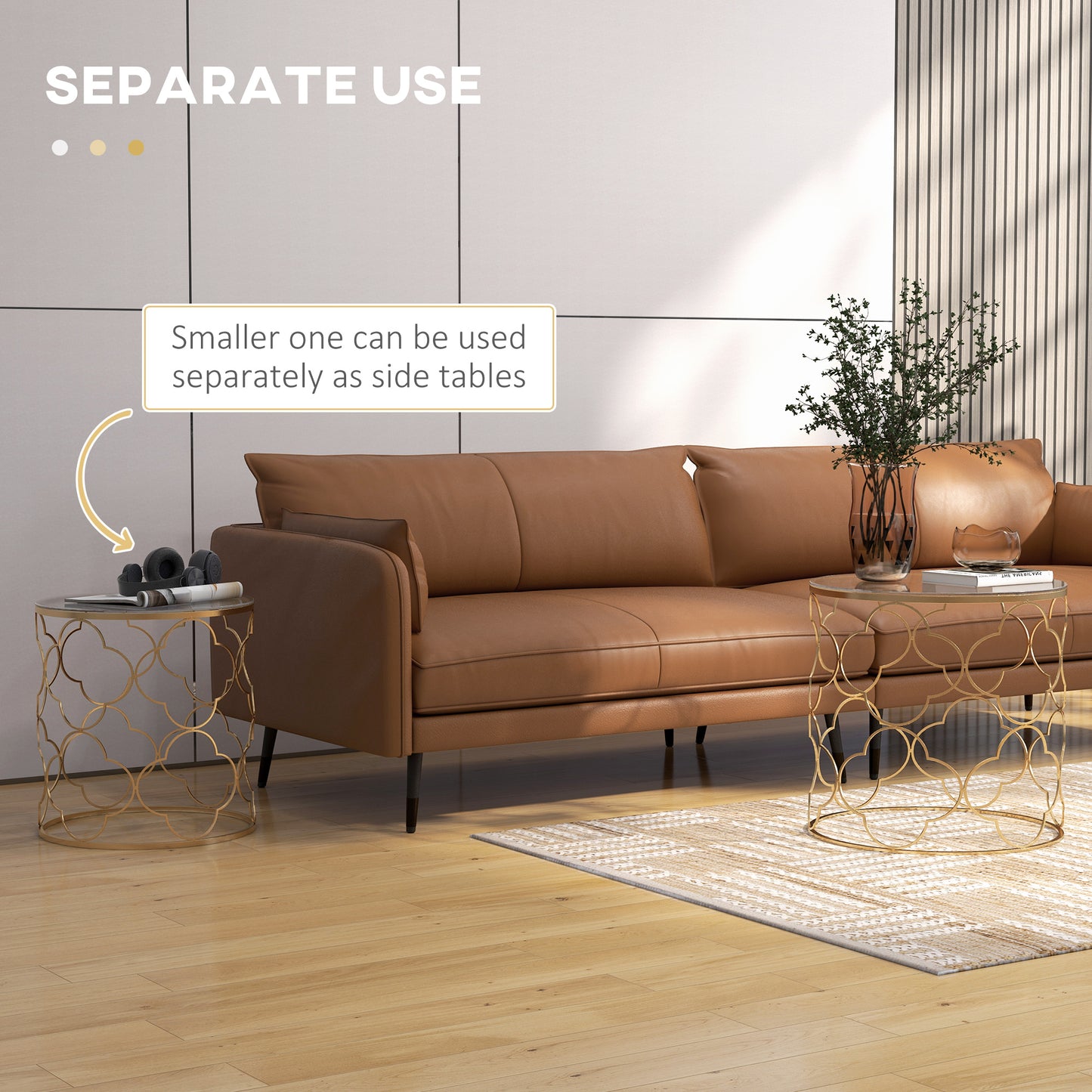 Elegant Gold Nesting Coffee End Table Set, 2 Round Tempered Glass Modern