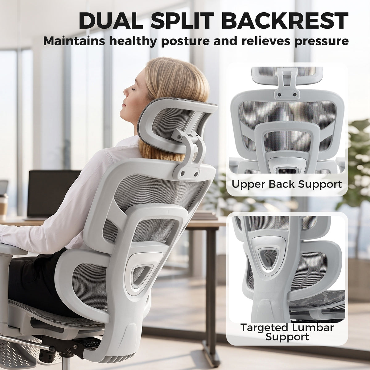 Ergonomic Office Chair with Lumbar Support, 2D Headrest, Mesh Reclining Desk Chair with Footrest, Grey