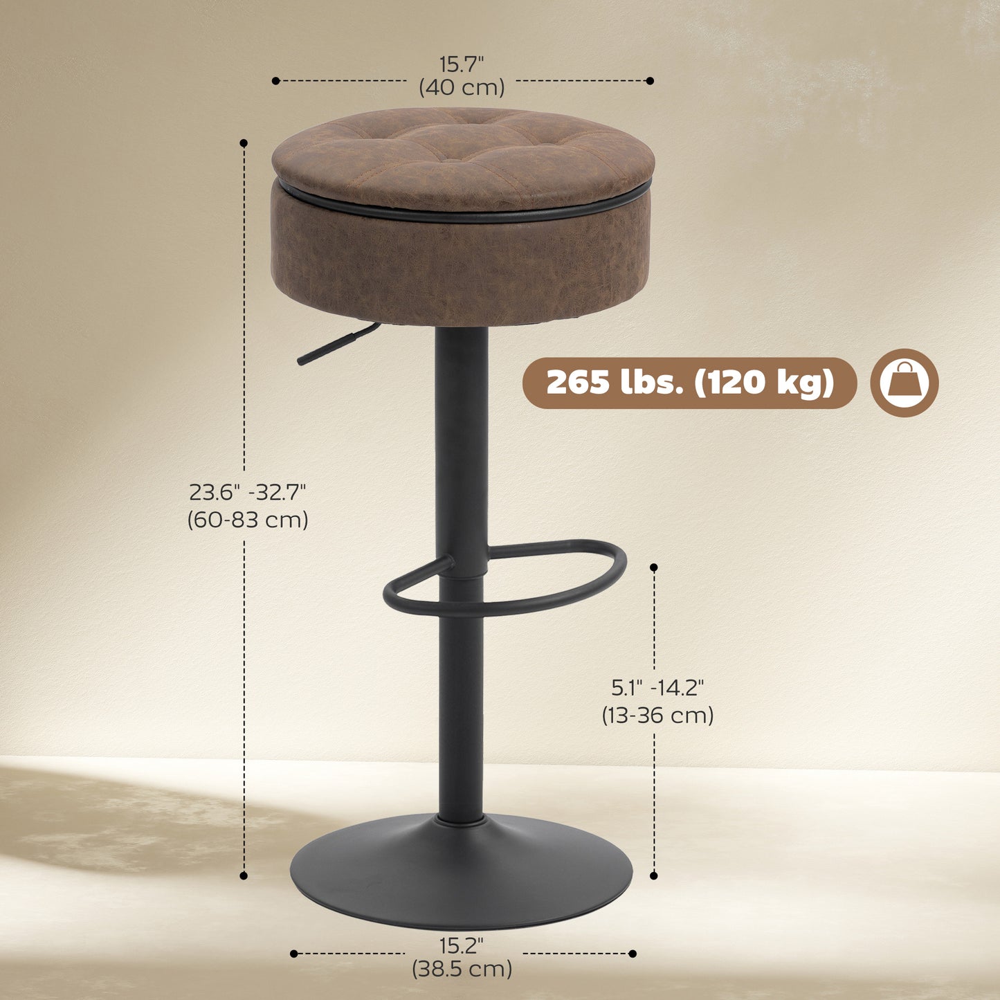 HOMCOM Set of 2 Barstools Swivel Storage Brown