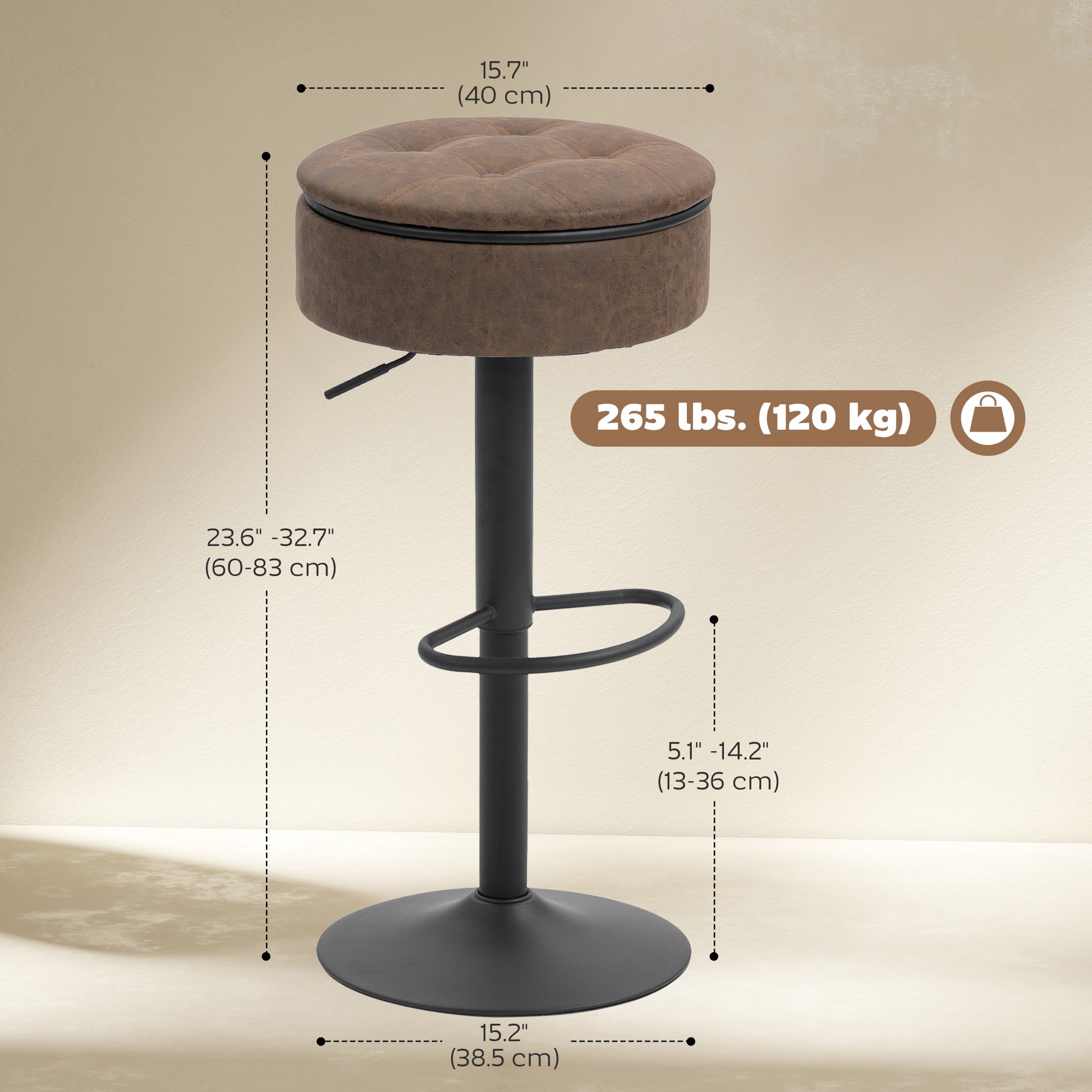 HOMCOM Set of 2 Barstools Swivel Storage Brown