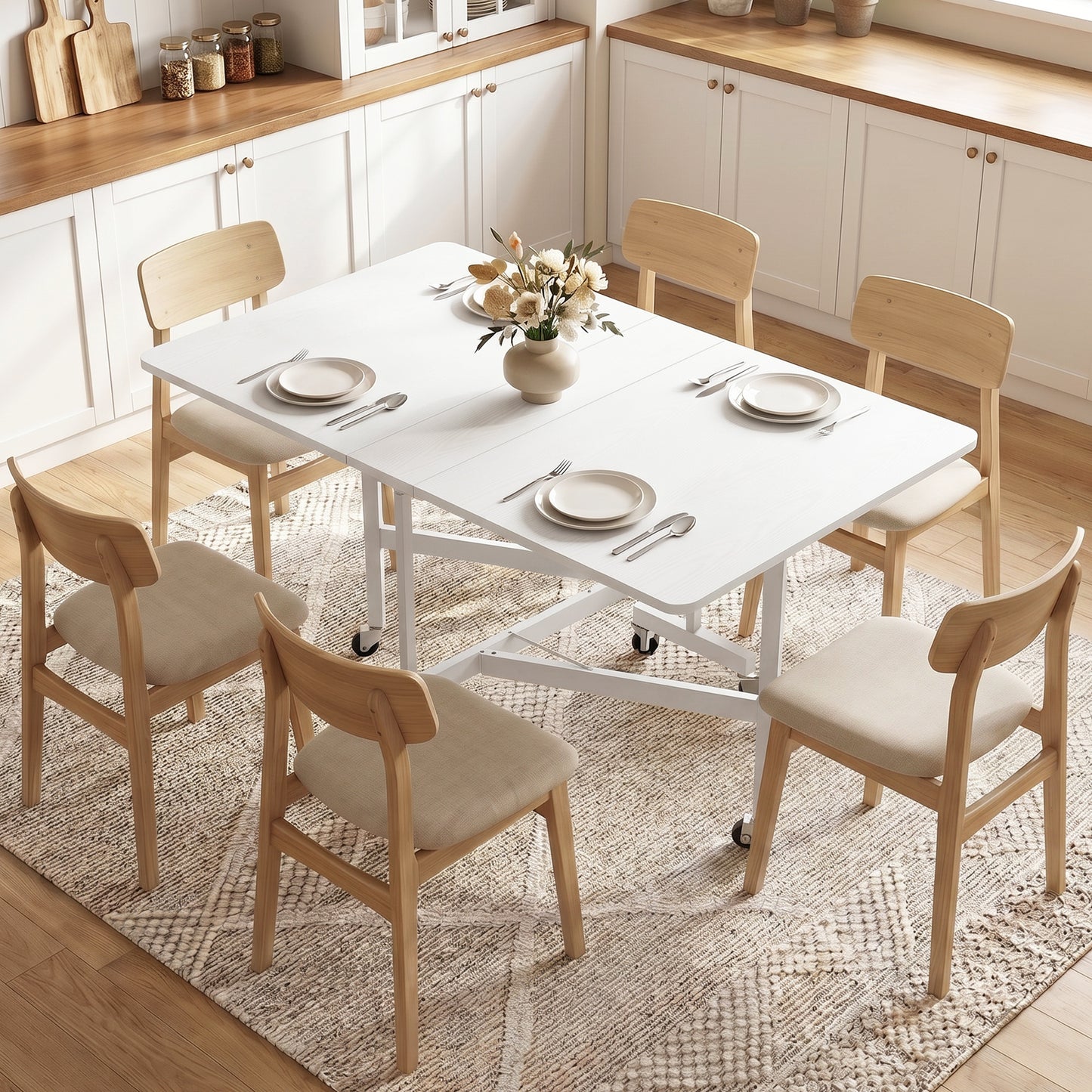 HOMCOM Six-Seater Drop-Leaf Dining Table with Wheels White