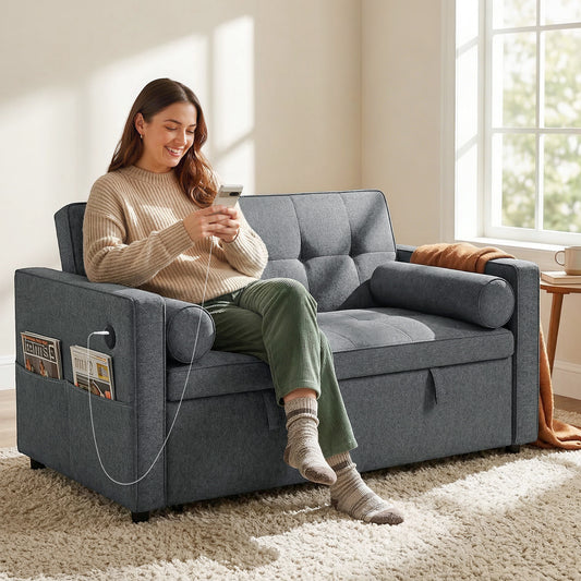 Linen Pull-Out Loveseat Sofa Bed with USB Ports