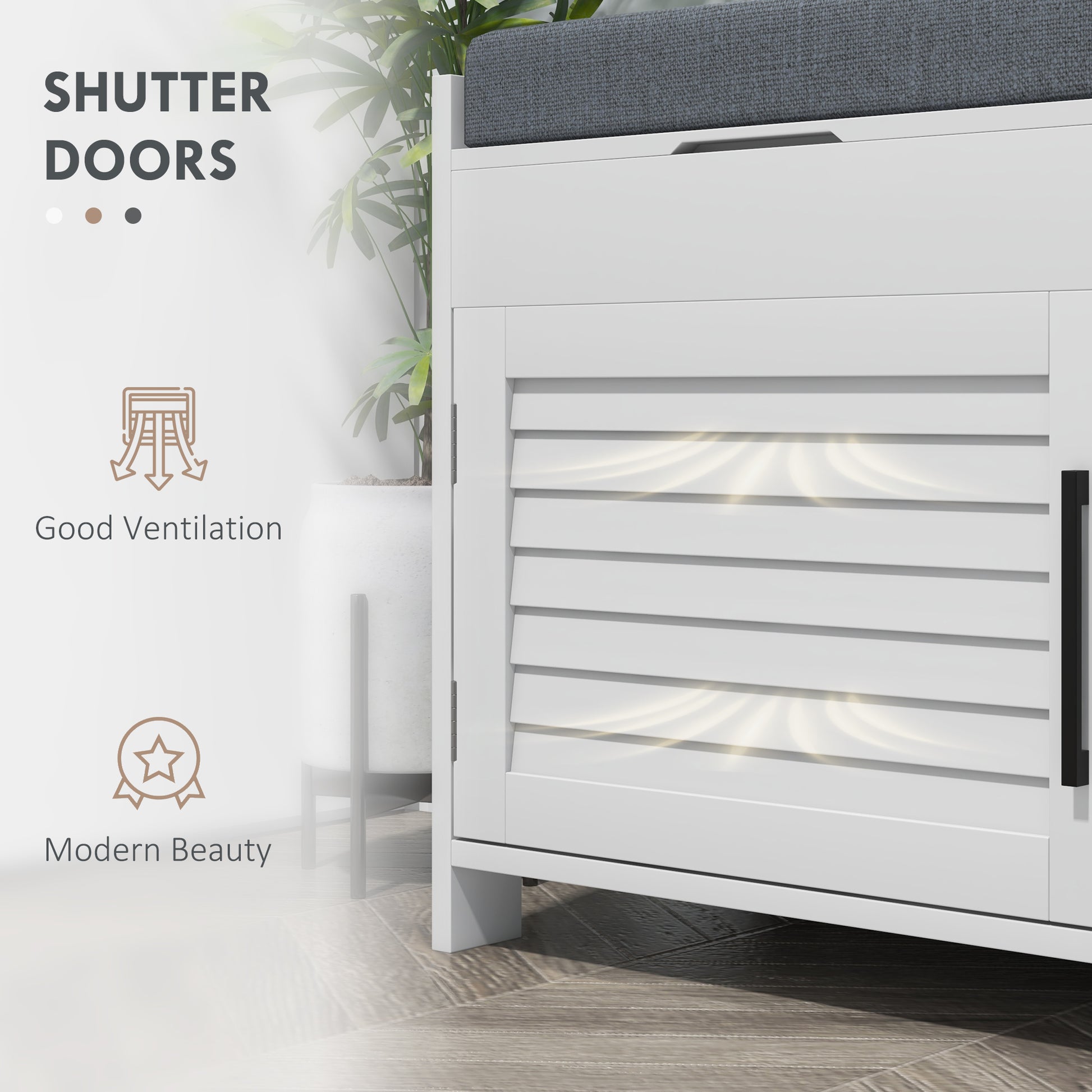 White Entryway Shoe Storage Bench: Cushioned Seat, Hidden Compartments, Adjustable Shelves