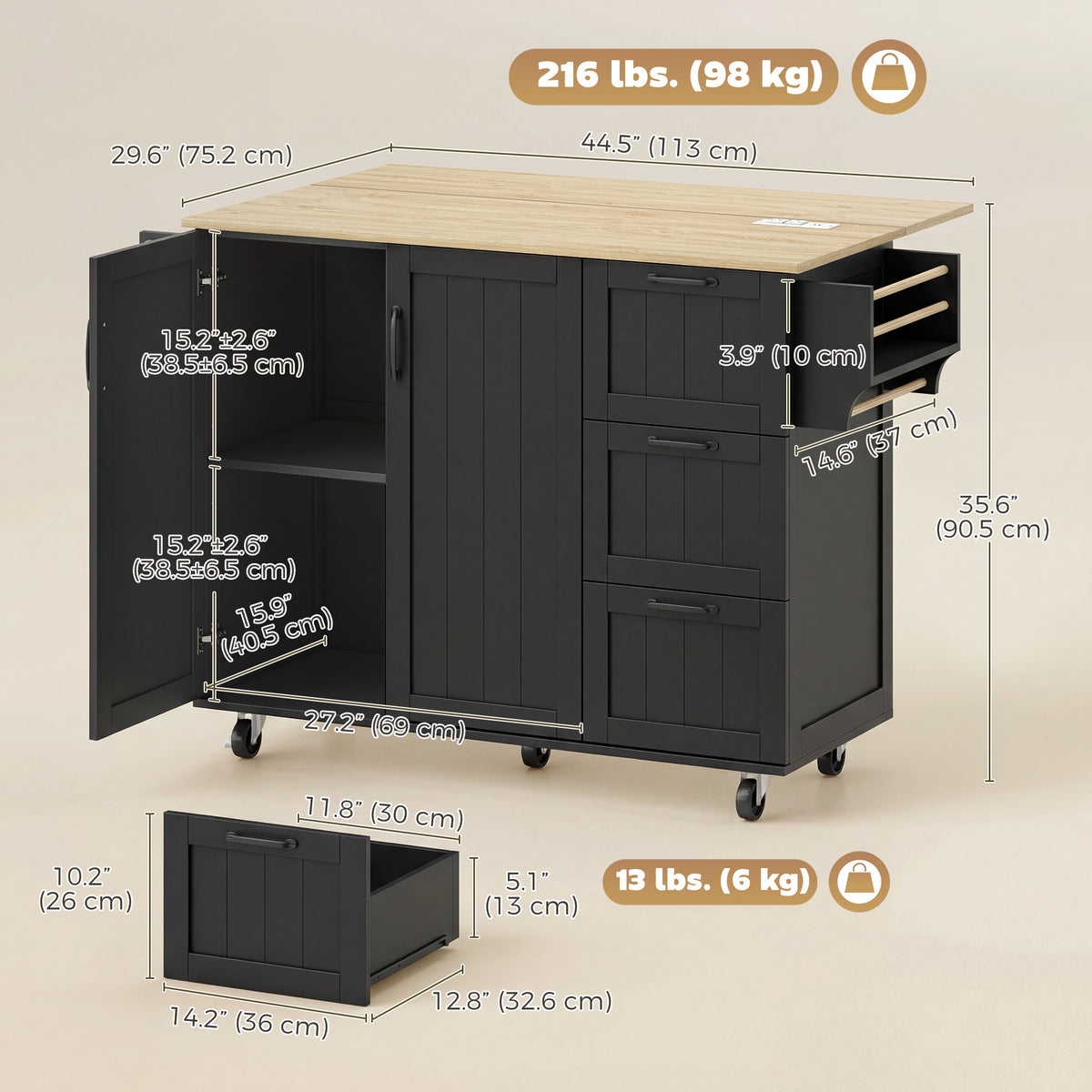 Kitchen Island with Drop Leaf – 53"W x 36"H