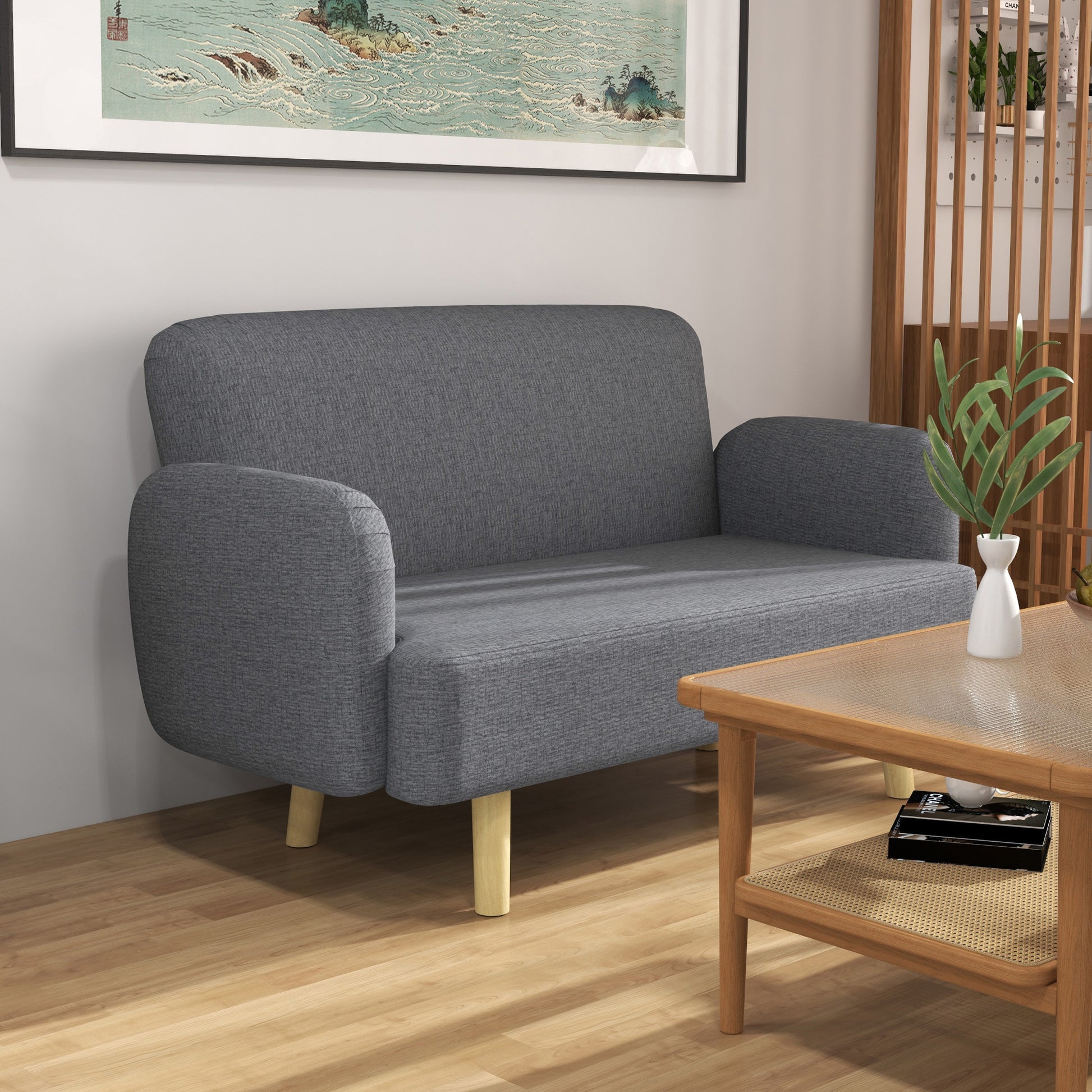 HOMCOM Grey Velvet 2-Seater Loveseat, Thick Padded Small Sofa with Wood Legs