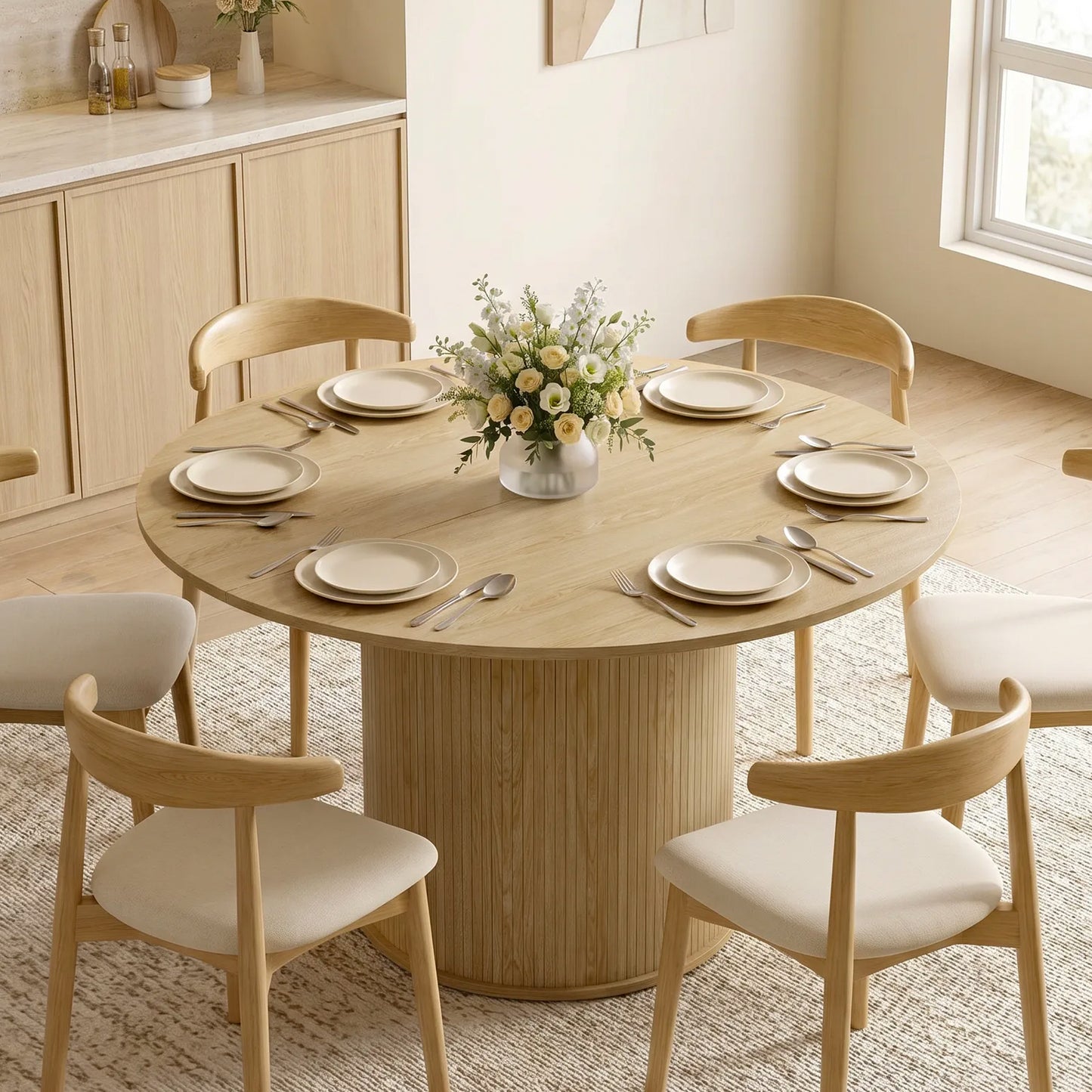 HOMCOM Round Dining Table 47in Natural Wood Pedestal Base