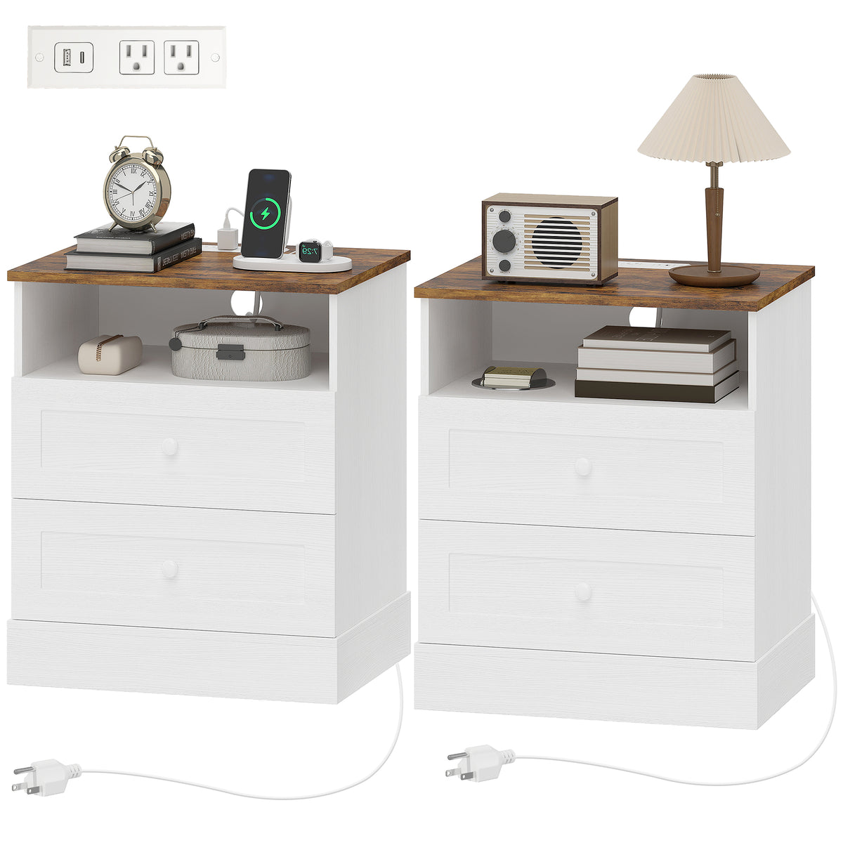 Nightstands with Charging Station and 2 Drawers, Set of 2 – 20"W x 24"H