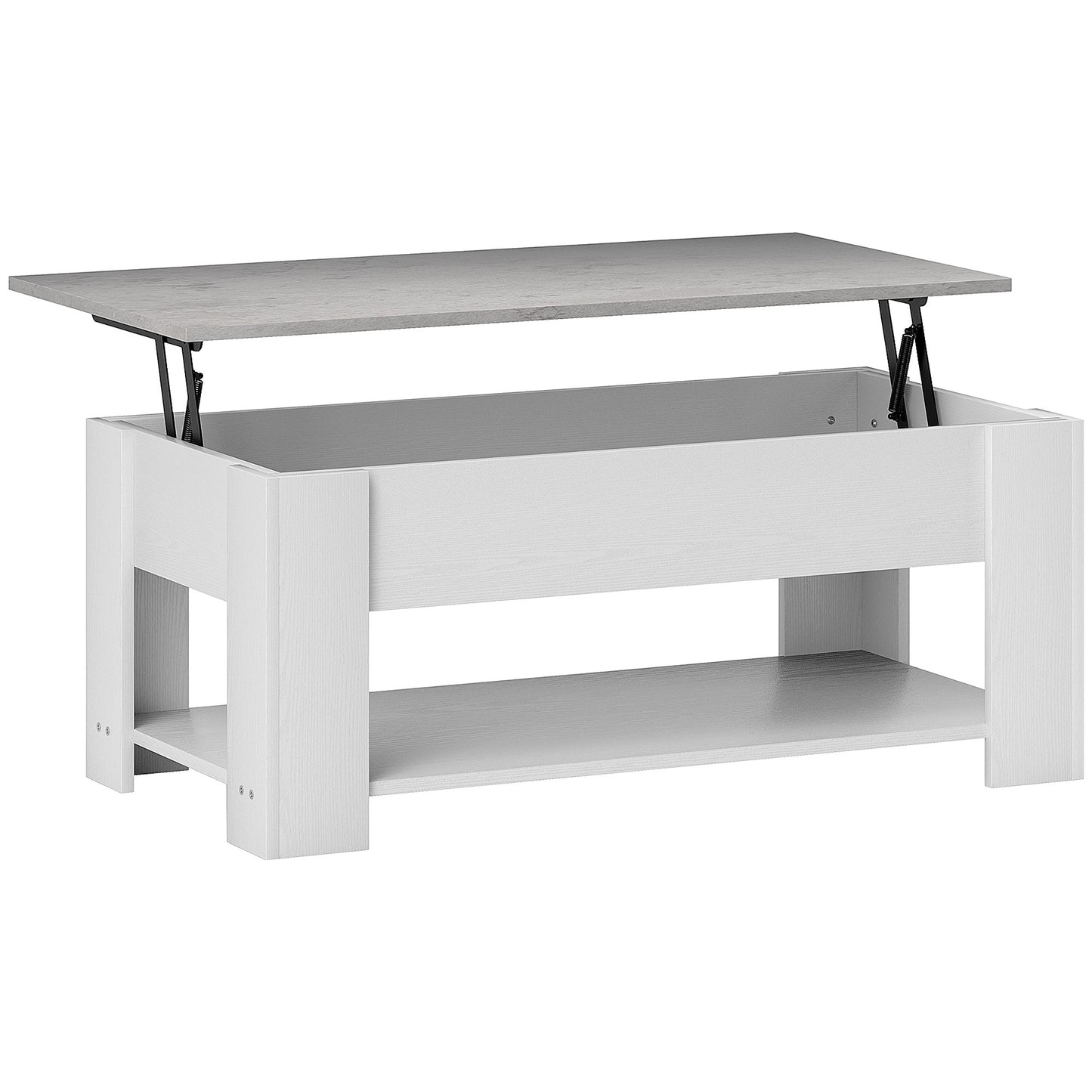 Modern White Lift Top Coffee Table with Hidden Storage and Open Shelf