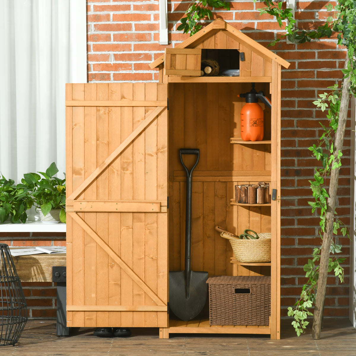 30" x 21" x 71" Garden Storage Shed, Outdoor Tool Utility Storage House with 3 Tier Shelves and Roof – Brown