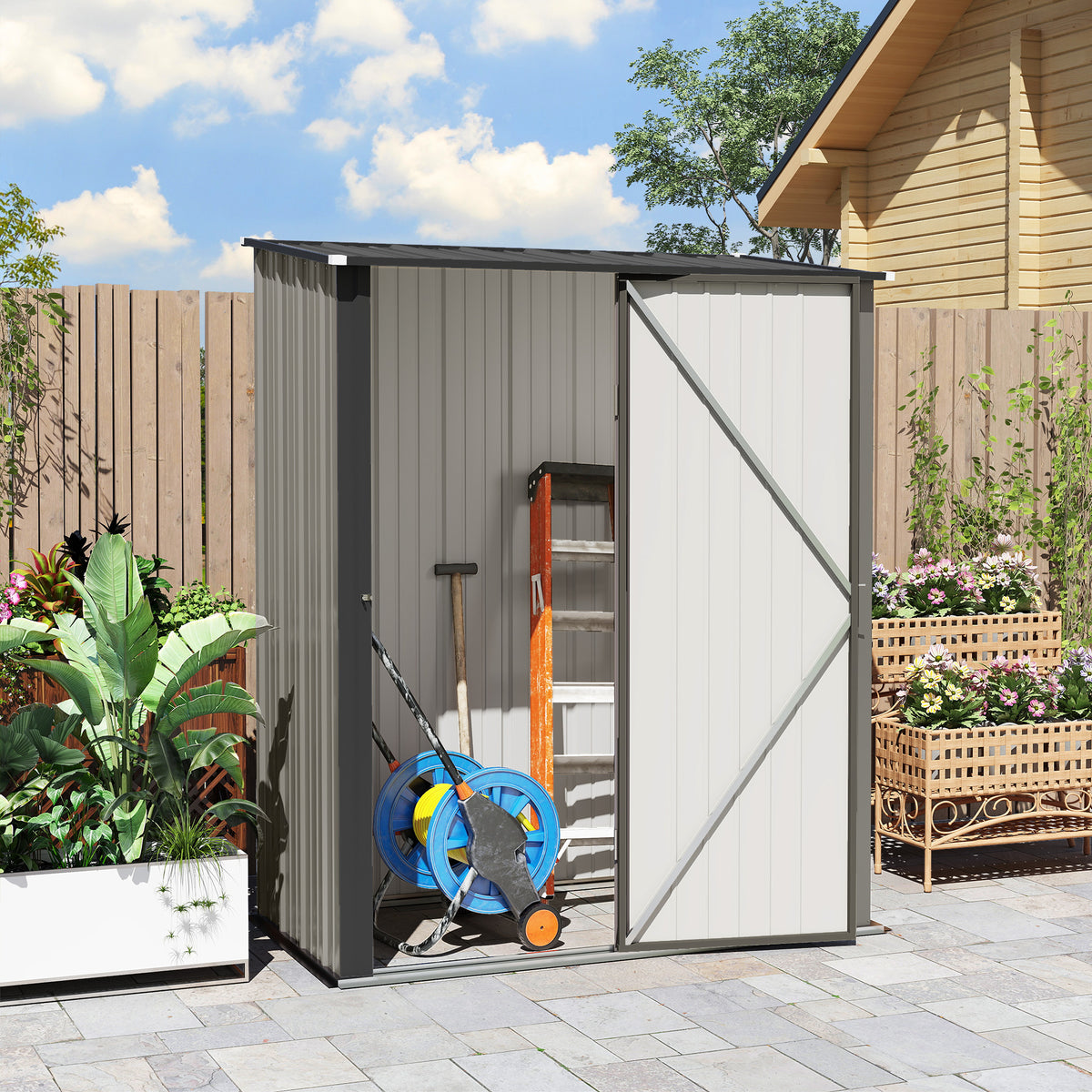 5' x 3' Outdoor Storage Shed, Steel Garden Shed with Single Lockable Door, Tool Storage Shed for Backyard – Grey