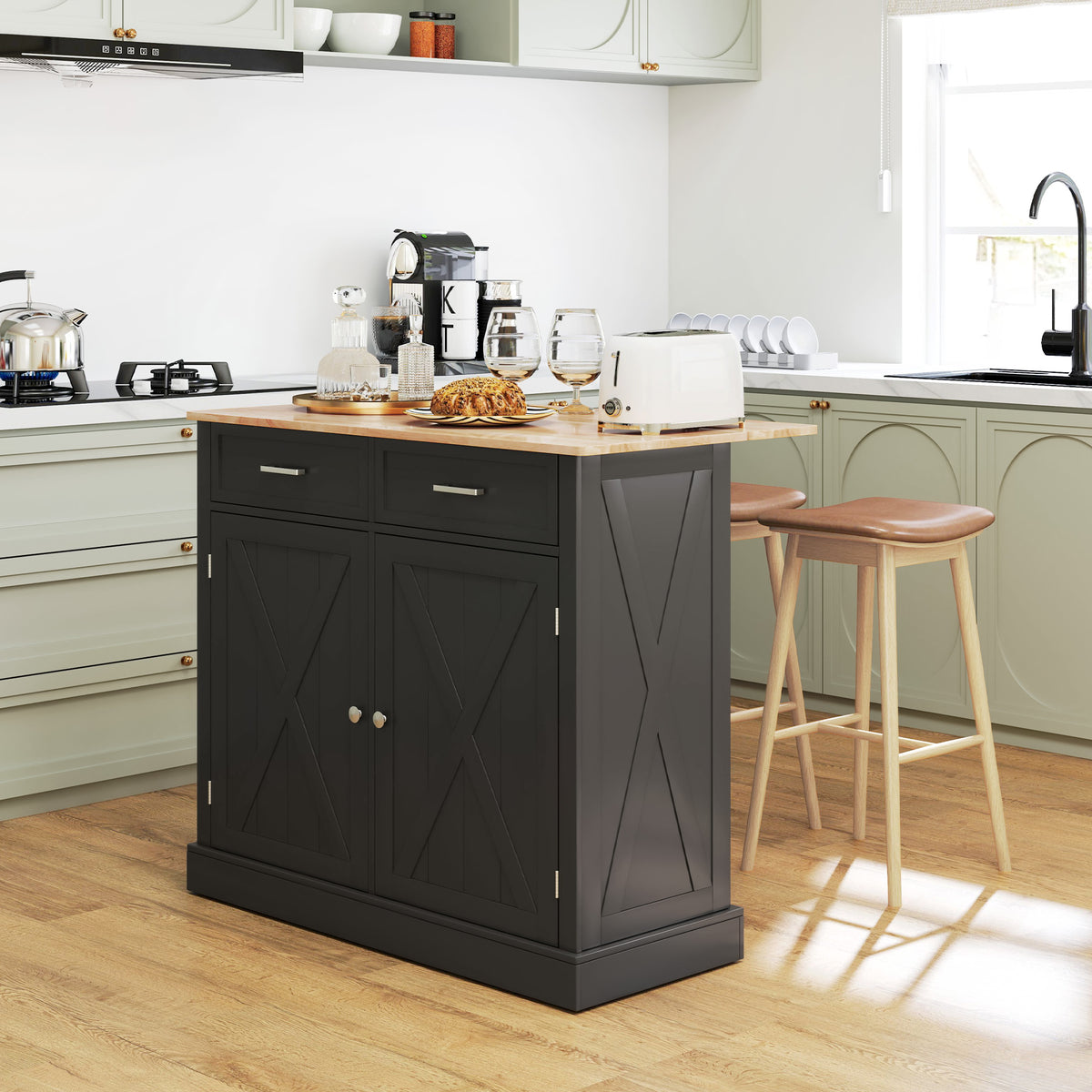 Rolling Kitchen Island with Drop Leaf Wood Breakfast Bar – 41"W x 36"H