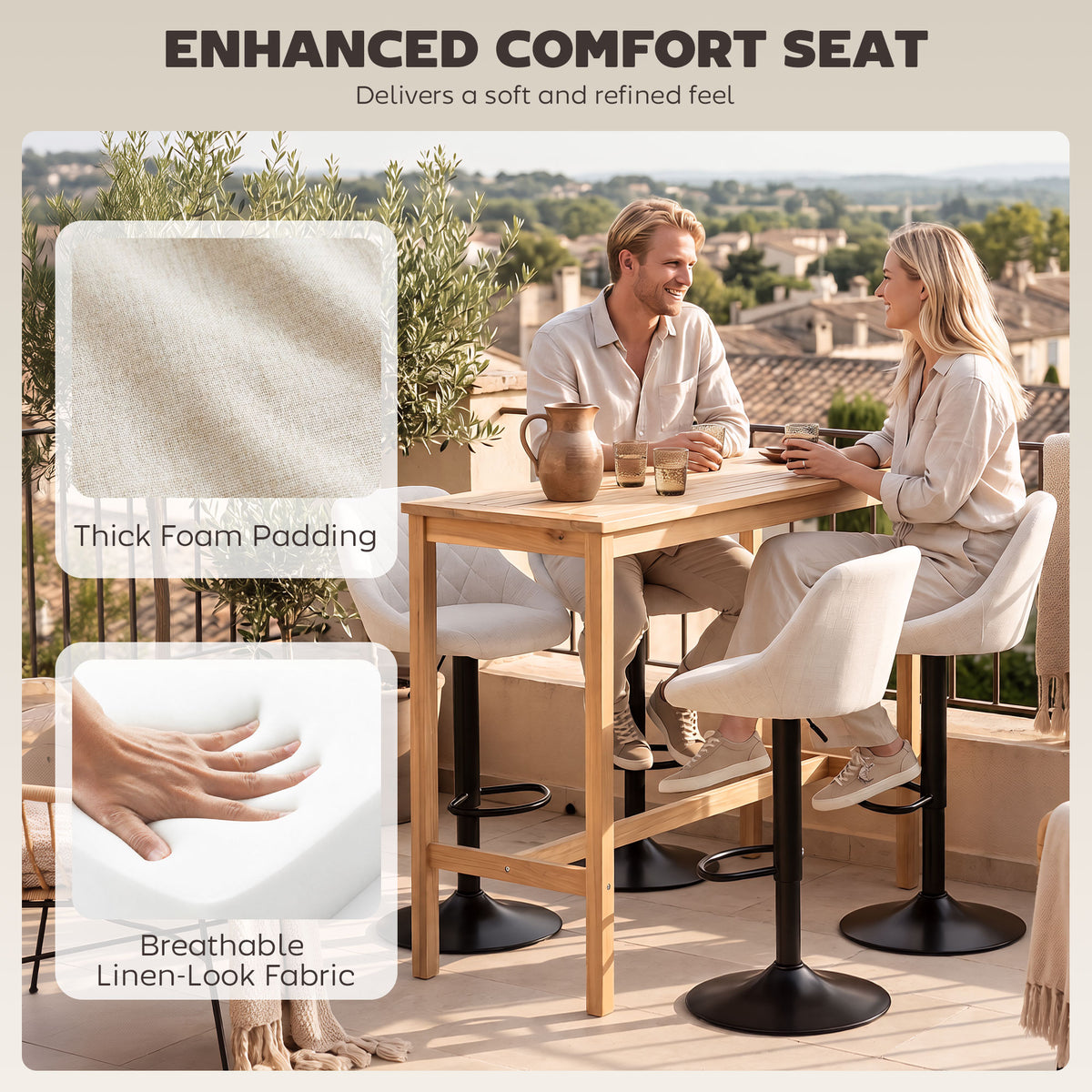 Linen-Look Swivel Counter Stools with Back, Set of 3, Cream White