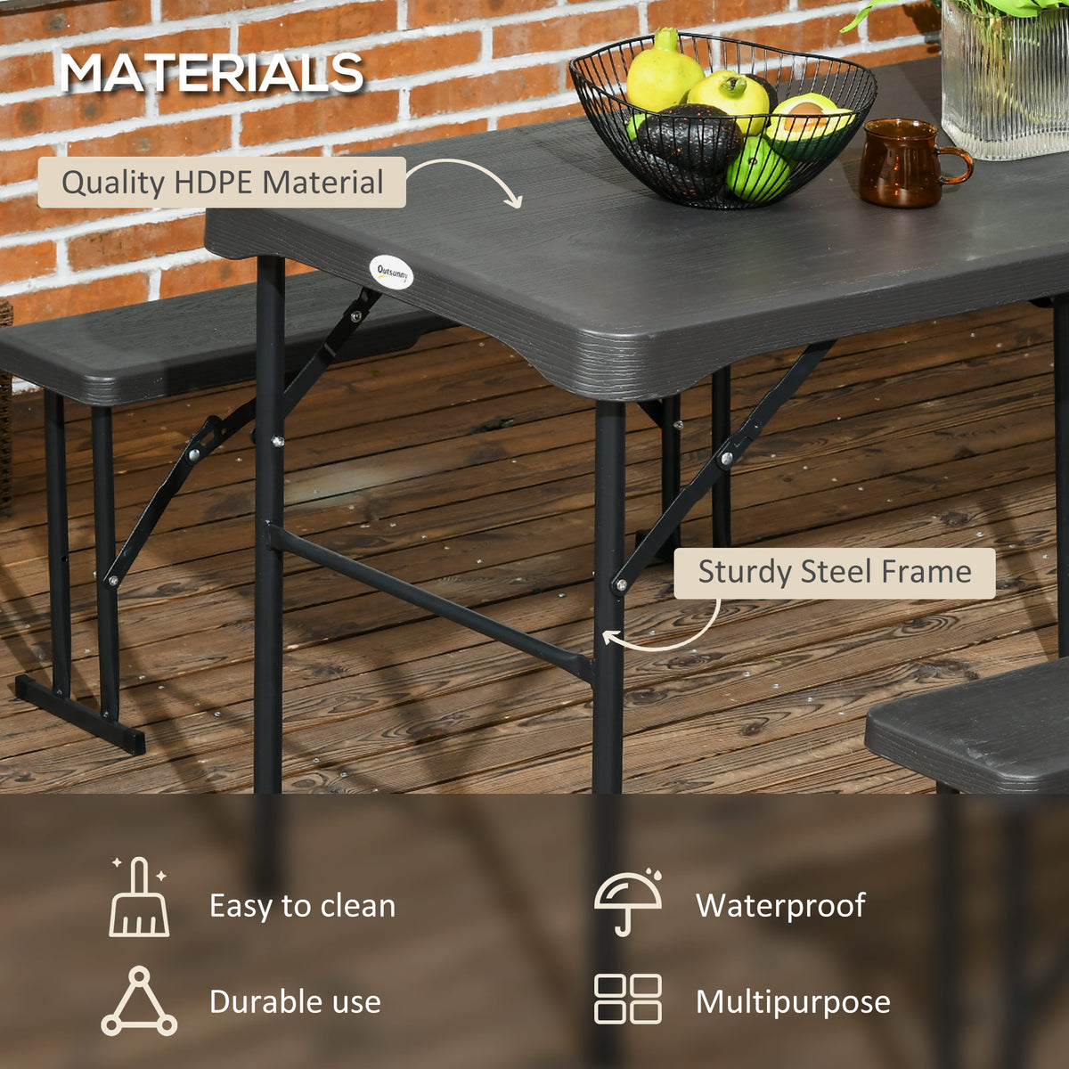 Folding Picnic Table with 2 Benches, 3-Piece Portable Outdoor Picnic Table Bench Set for 4, Patio Dining Table Set with Plastic Top, Steel Frame for Garden