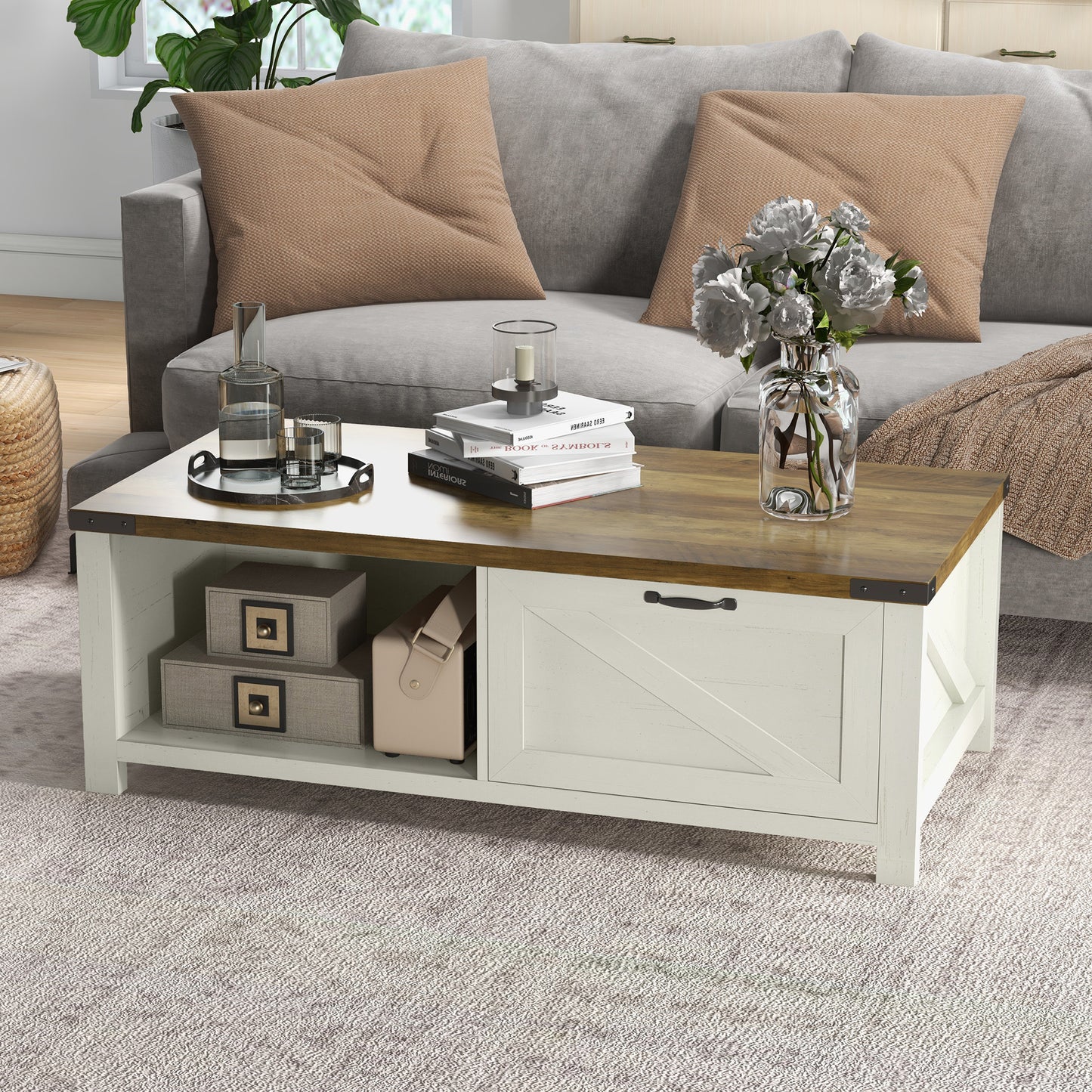 HOMCOM Industrial Farmhouse Coffee Table: Drawer, Open Storage, Modern Style