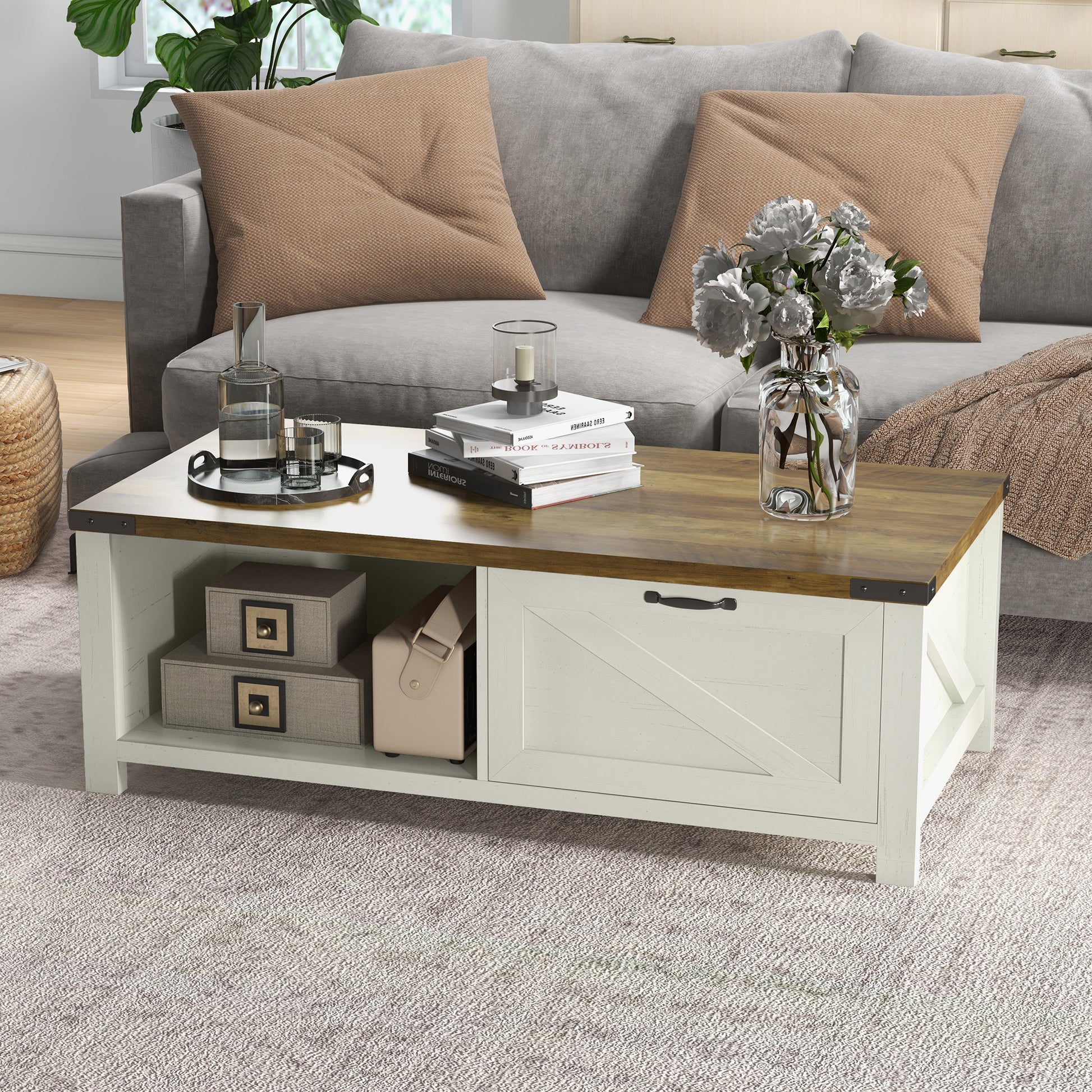 HOMCOM Industrial Farmhouse Coffee Table: Drawer, Open Storage, Modern Style