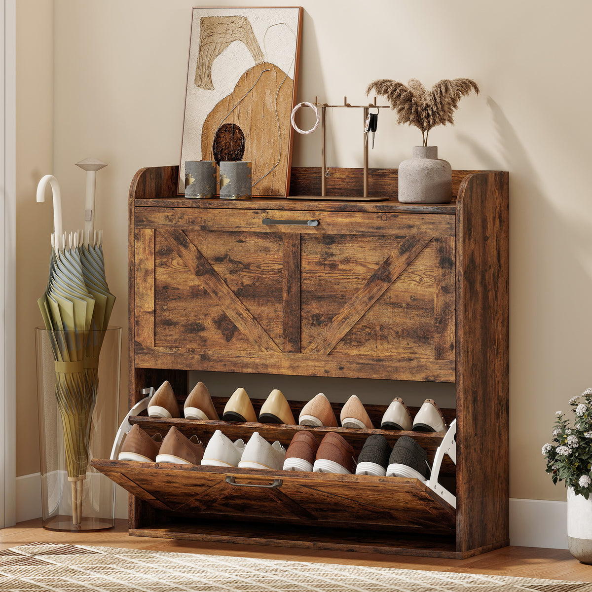 Farmhouse Shoe Cabinet with 2 Flip Drawers – 31"W x 34"H