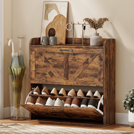 Farmhouse Shoe Cabinet with 2 Flip Drawers – 31"W x 34"H