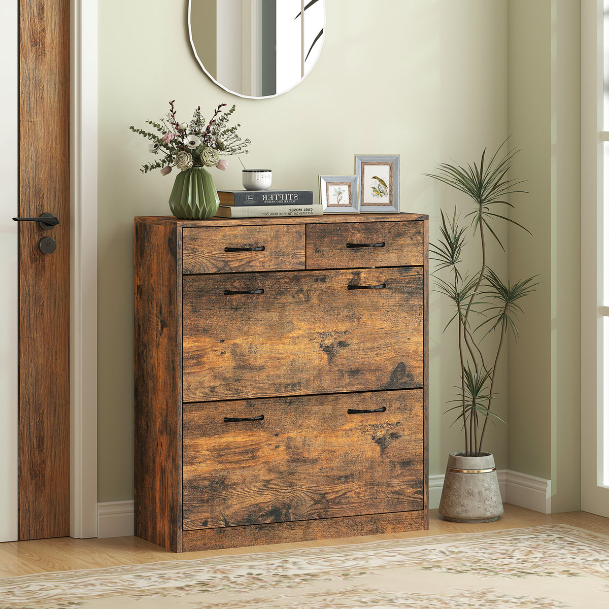 Narrow Shoe Storage with 2 Flip Drawers and Adjustable Shelves – 32"W x 36"H