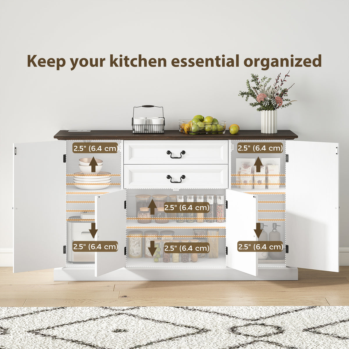 Farmhouse Sideboard with Charging Station and Thickened Top – 58"W x 34"H