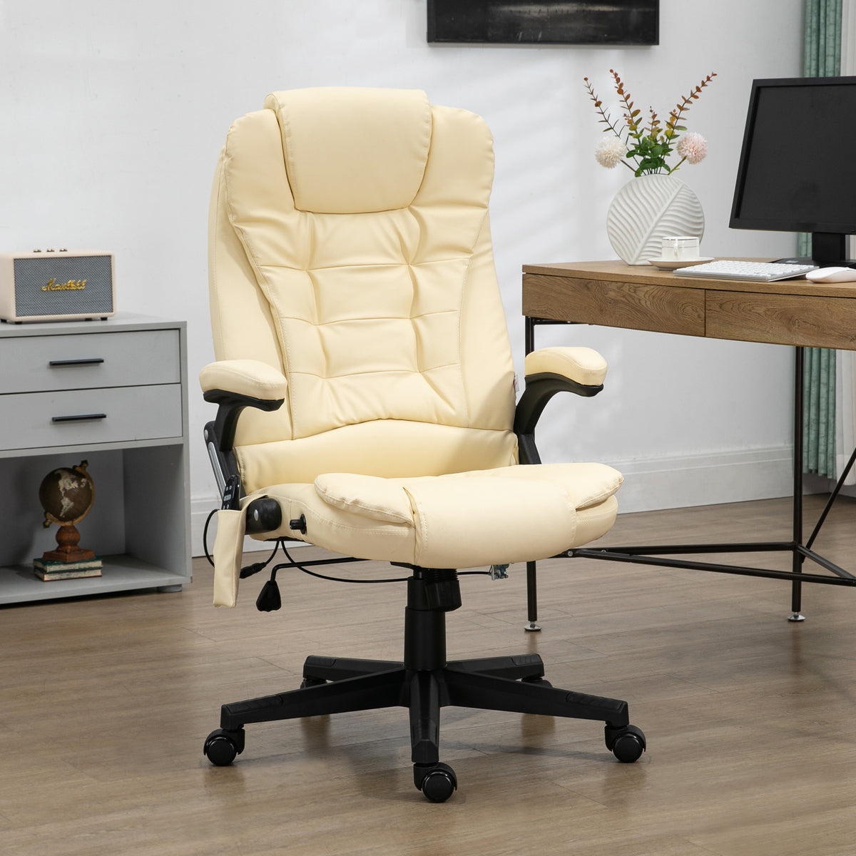 Heated Massage Office Chair, Adjustable High Back Leather Vibrating Executive Chair, Beige