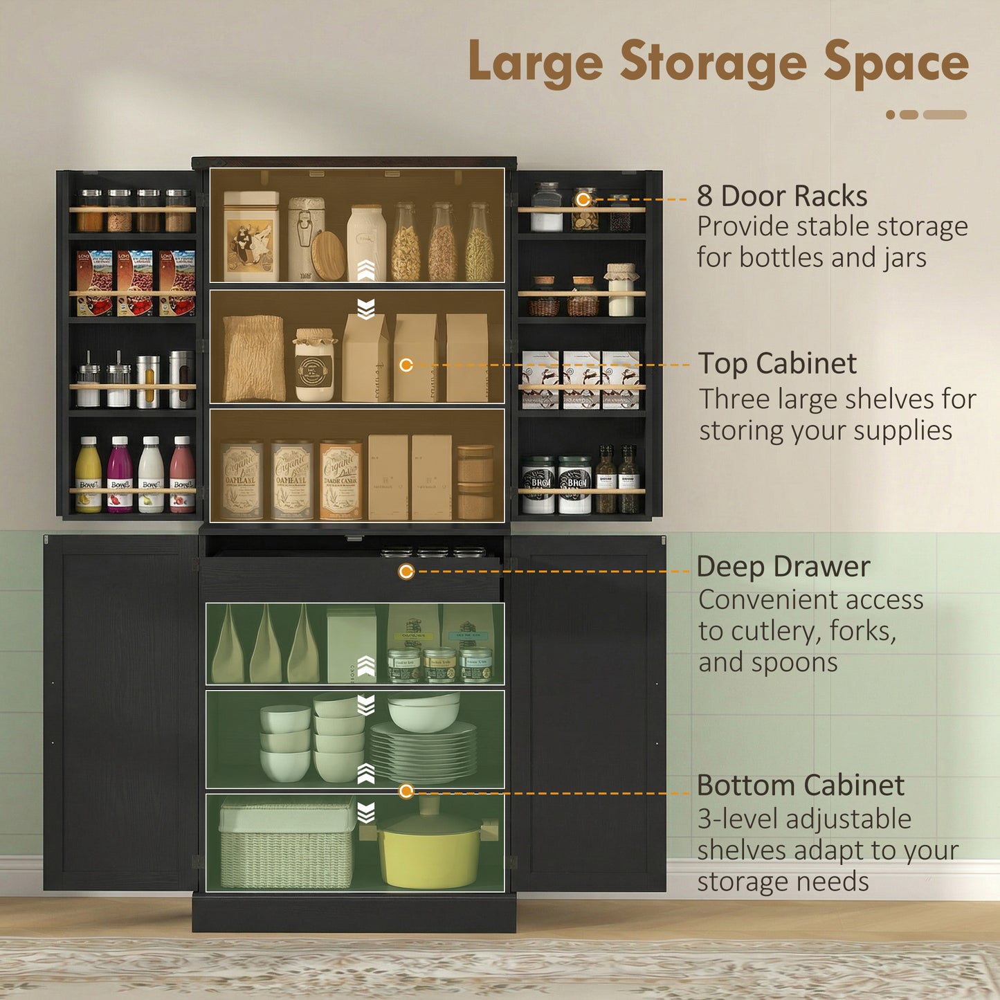 HOMCOM Tall Kitchen Pantry Cabinet Farmhouse Black