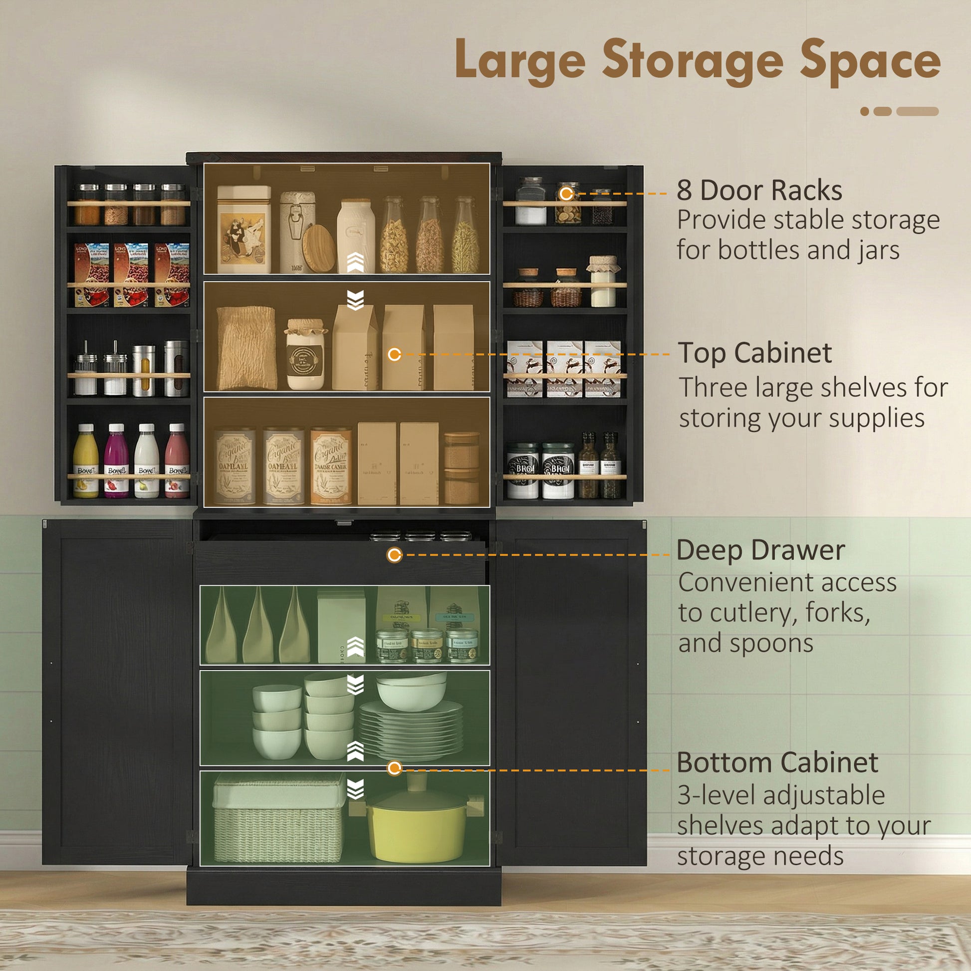 HOMCOM Tall Kitchen Pantry Cabinet Farmhouse Black
