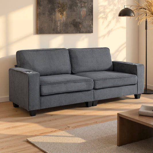 Fabric 3-Seater Sofa with Spring Cushions & Cup Holders