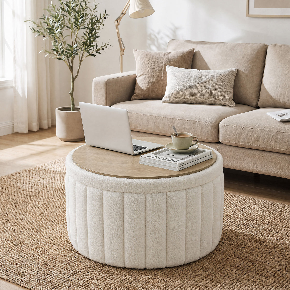 HOMCOM Round Coffee Table with Hidden Storage, Sherpa Fleece Center Table with Dual Reversible Lid for Living Room Cream White