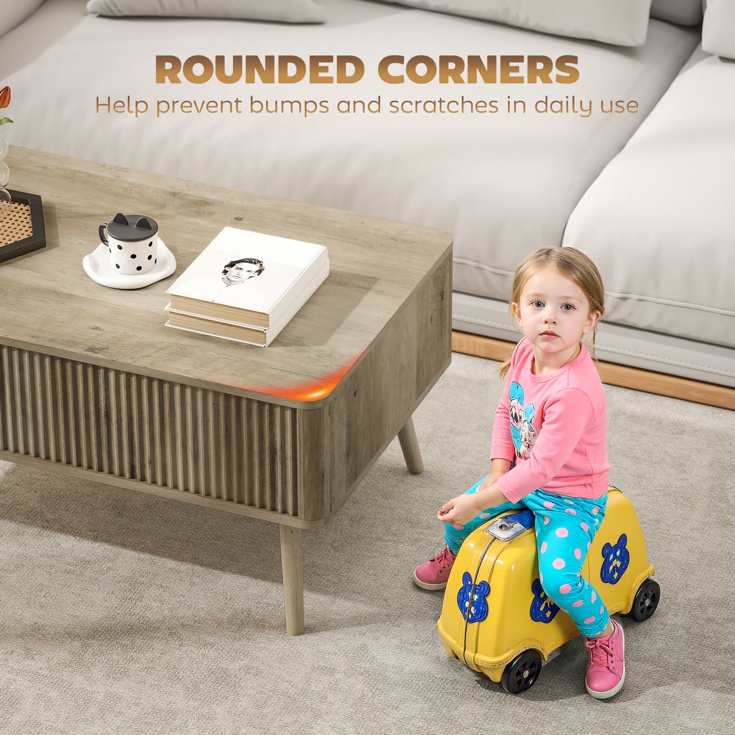 HOMCOM Modern Oak Lift Top Coffee Table with Hidden Storage, Pine Wood Legs