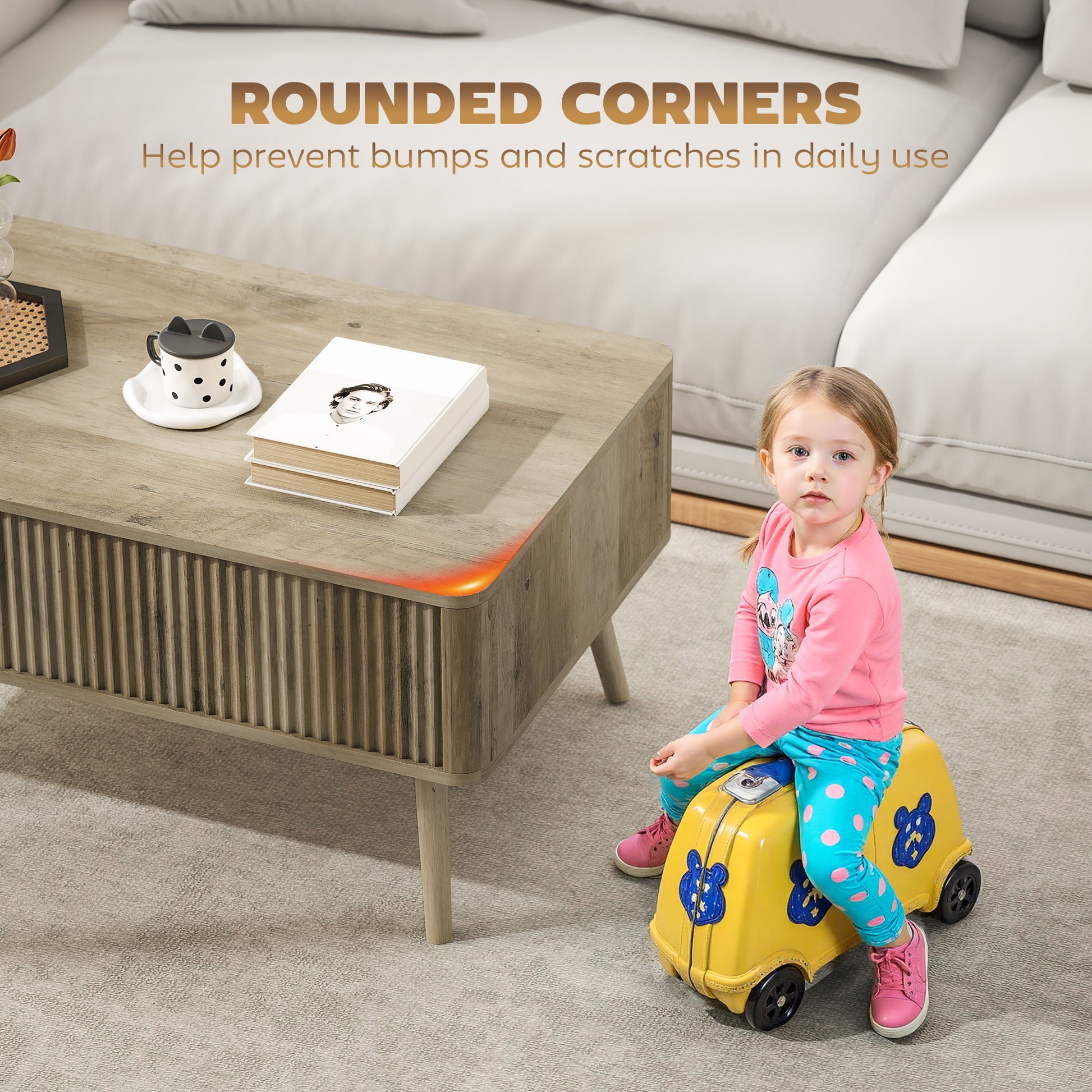 HOMCOM Modern Oak Lift Top Coffee Table with Hidden Storage, Pine Wood Legs