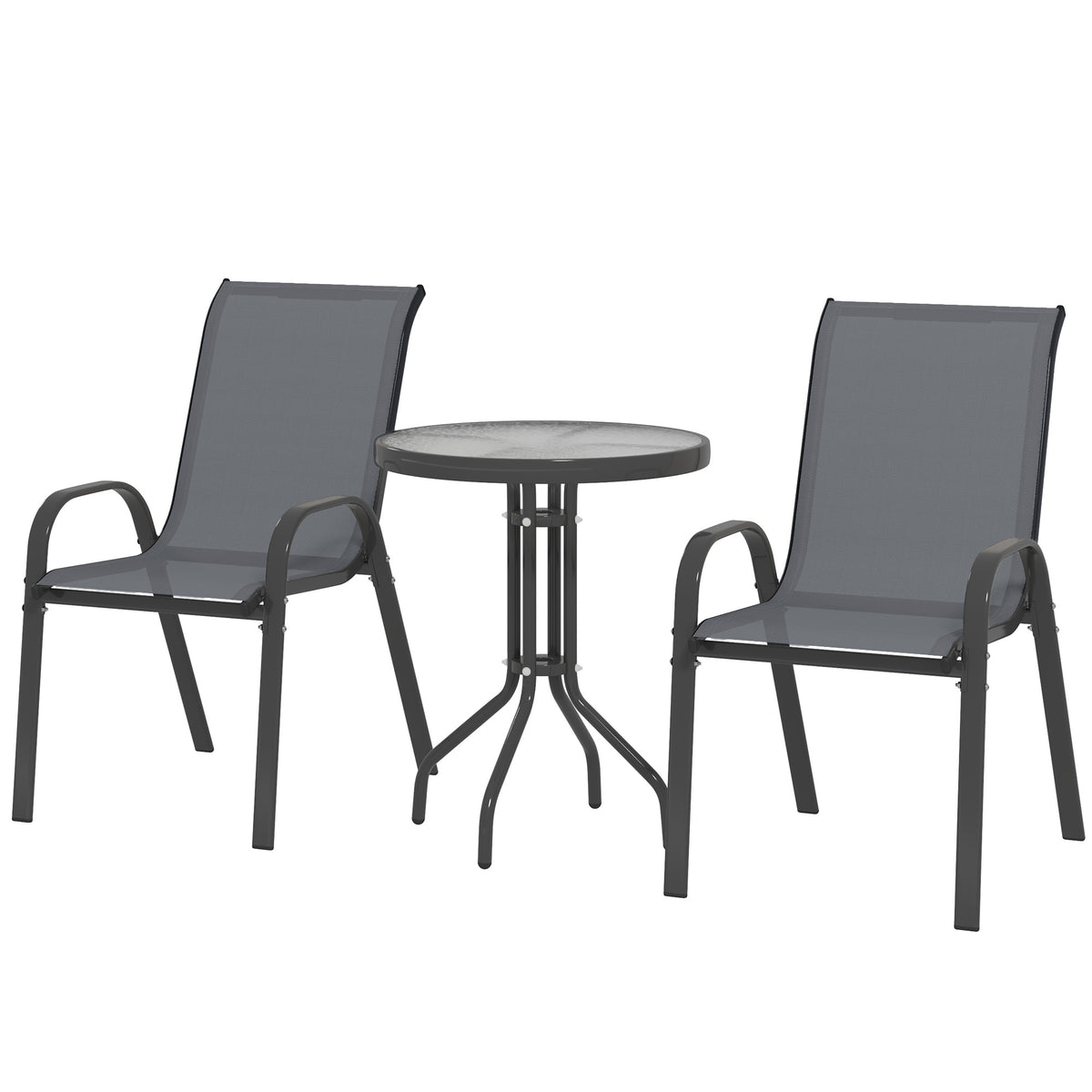 3 Pieces Bistro Set, Small Patio Furniture Set with Stackable Mesh Chairs, Glass Table for Garden, Balcony – Dark Grey