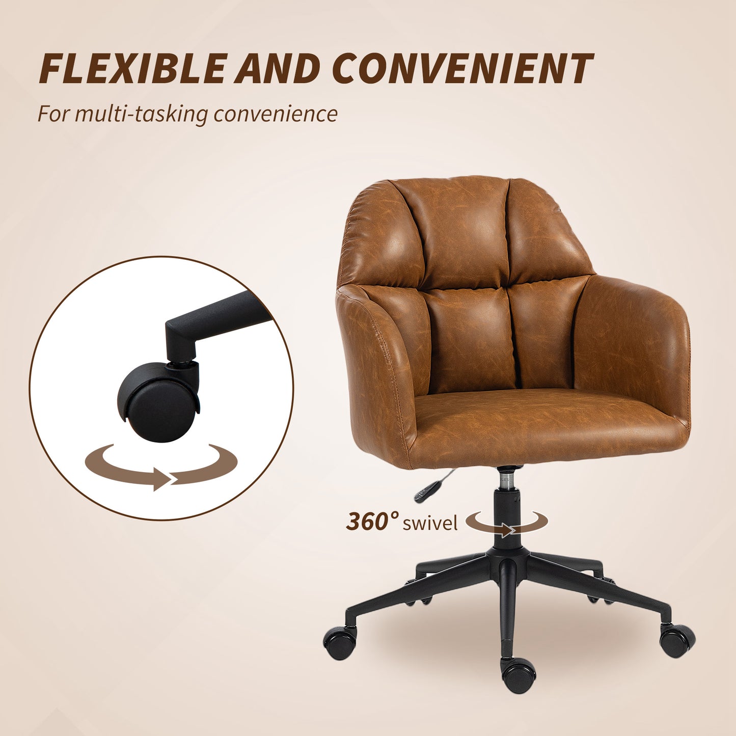 HOMCOM Swivel Faux Leather Office Desk Chair, Adjustable Height, Ergonomic Lumbar Support, Brown