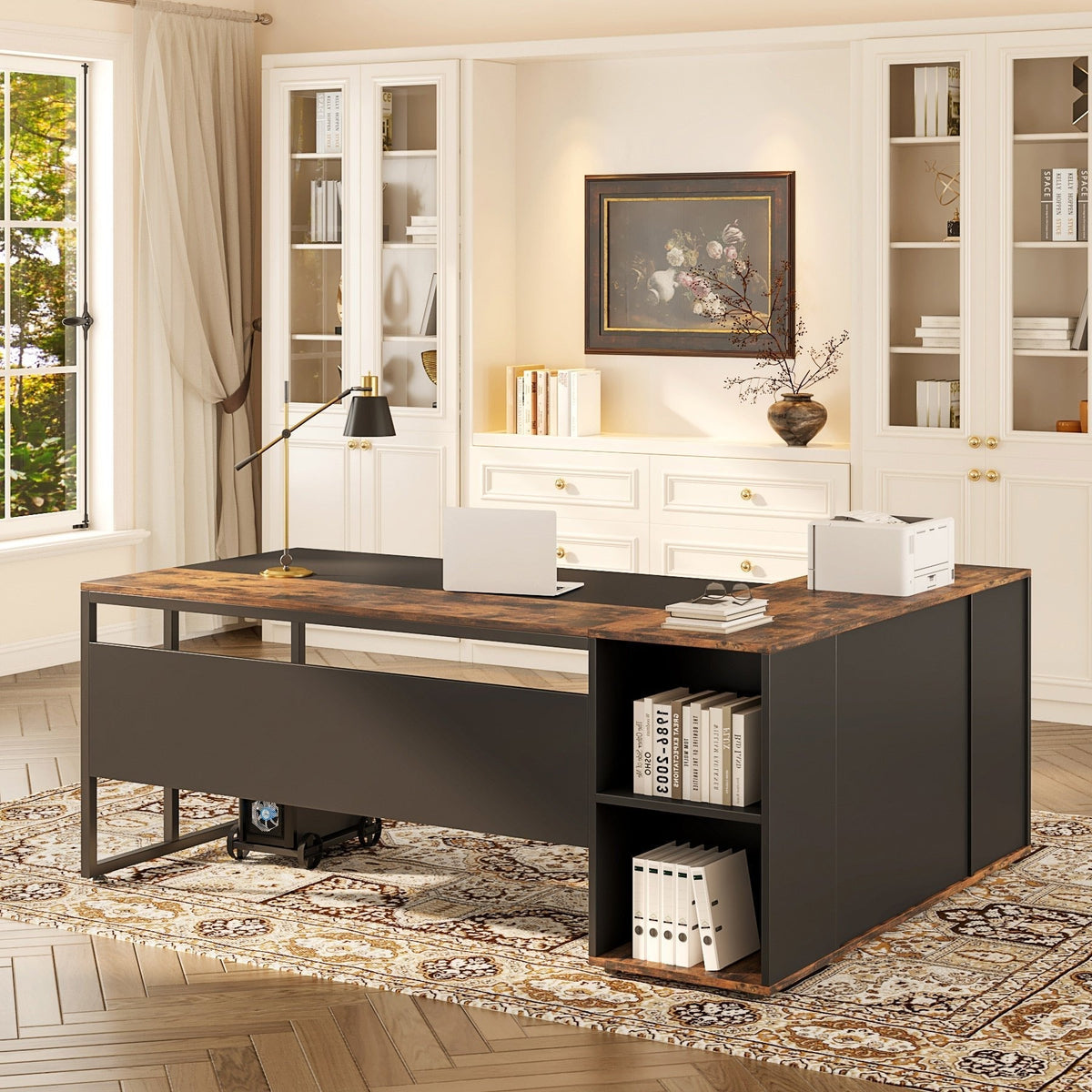 Large L-Shaped Desk, 71 inch Executive Desk with Shelves & Cabinet