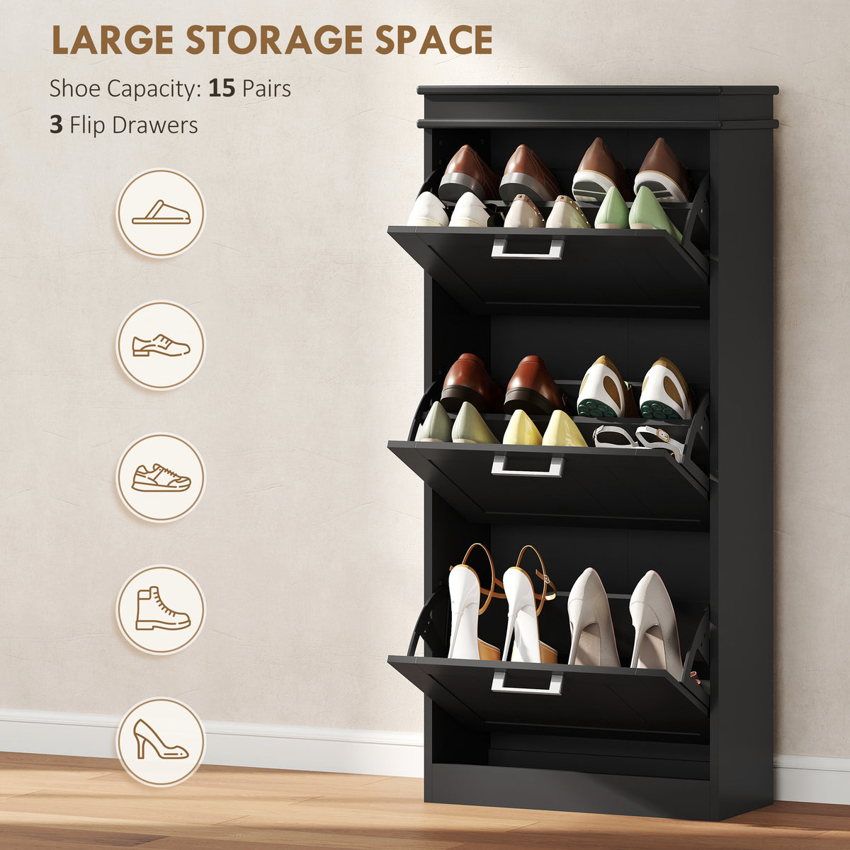 Slim Shoe Cabinet with 3 Flip Drawers and Adjustable Shelves – 21"W x 46"H