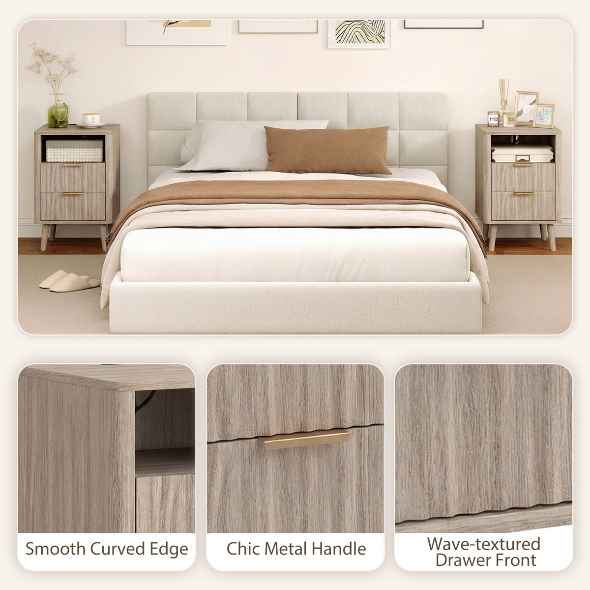 Nightstands with Charging Station, 2 Drawers and Shelf, Set of 2 – 16"W x 24"H