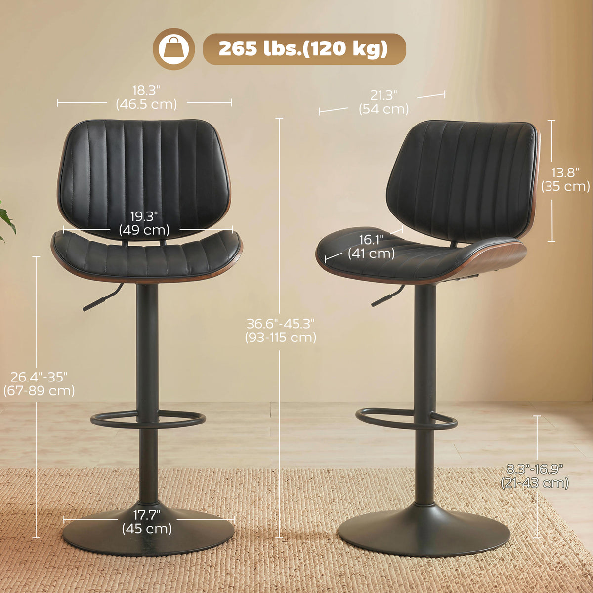 Bentwood-Back PU Leather Swivel Bar Stools, Adjustable, Set of 2, Black
