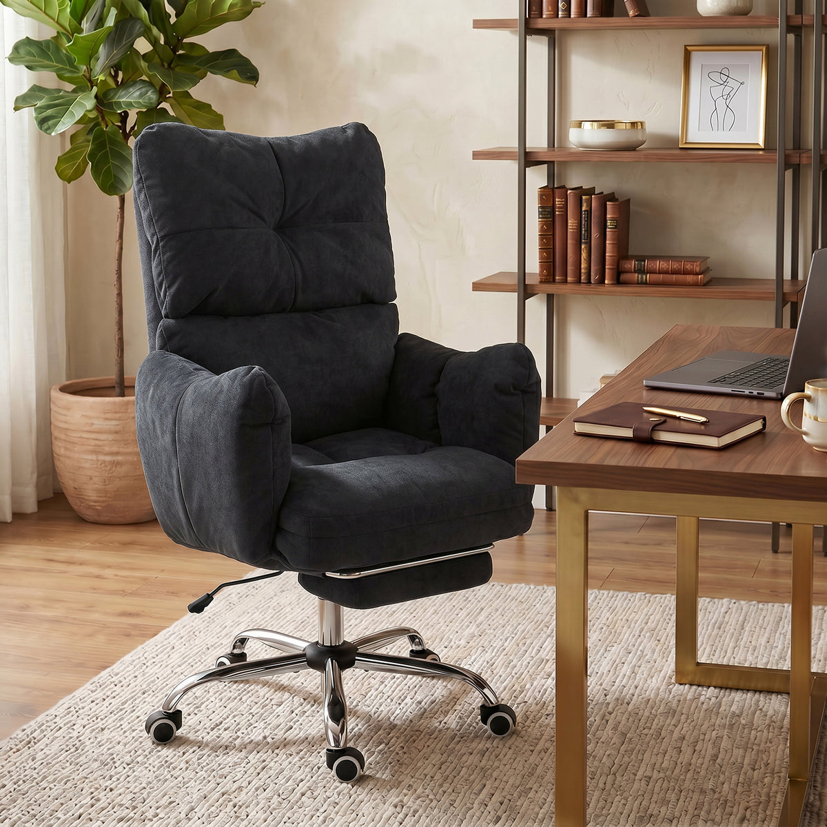 Office Chair with Footrest, Ergonomic Reclining Computer Gaming Chair with Snow Flannel Fabric, Black