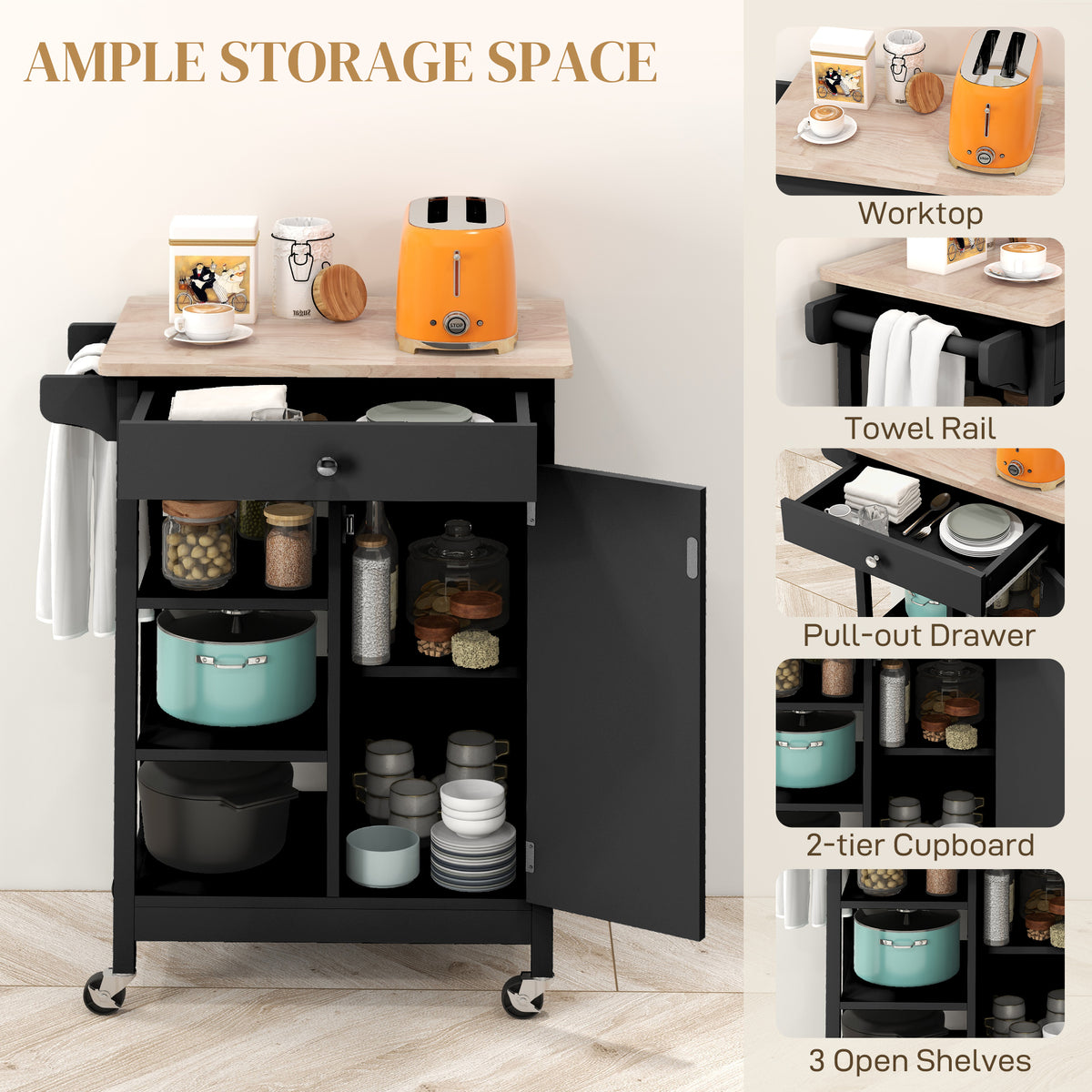 Modern Rolling Kitchen Island Cart with Drawer – 26"W x 34"H