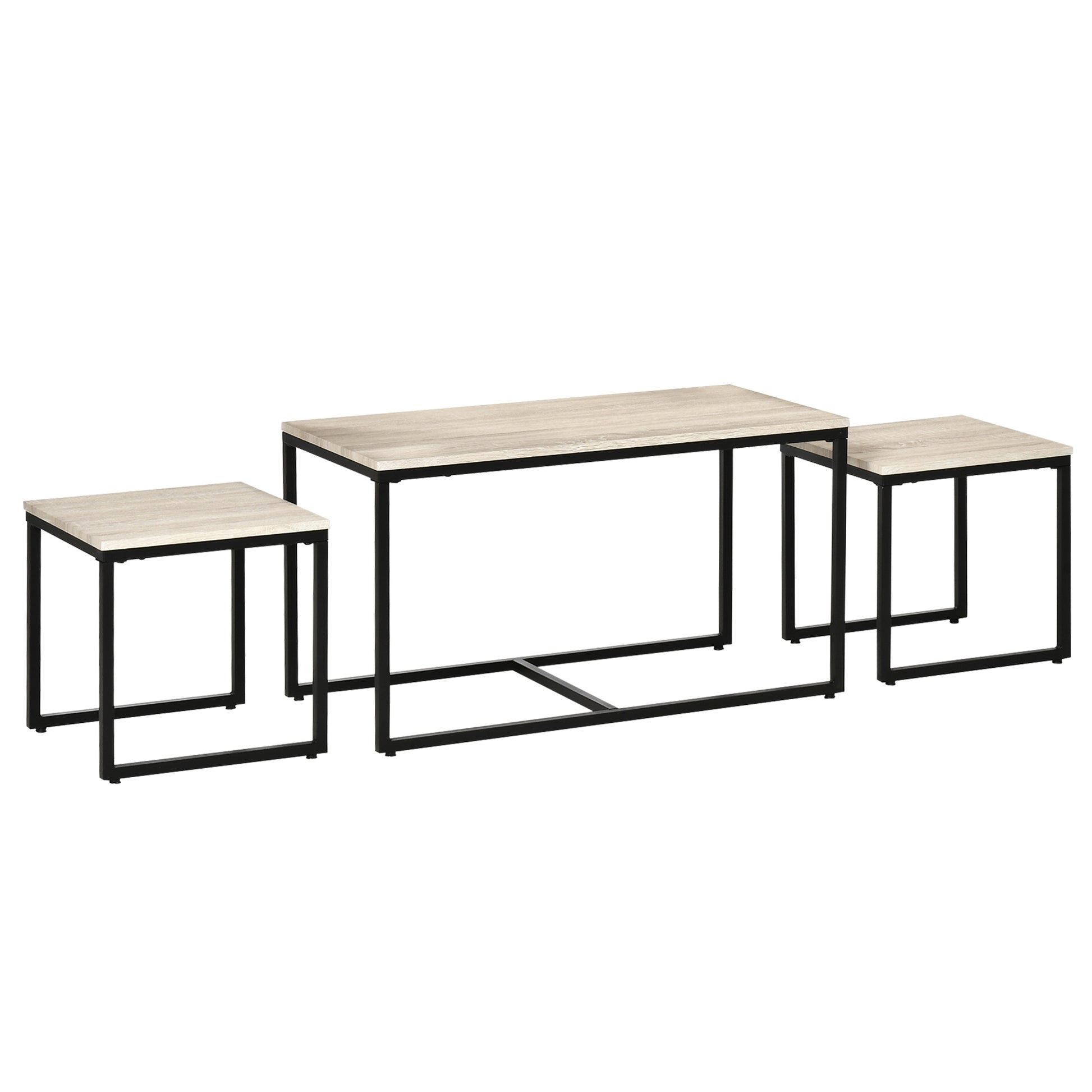 Modern Nesting Coffee Table Set, 3-Piece, Black Metal Frame, Natural Wood Grain