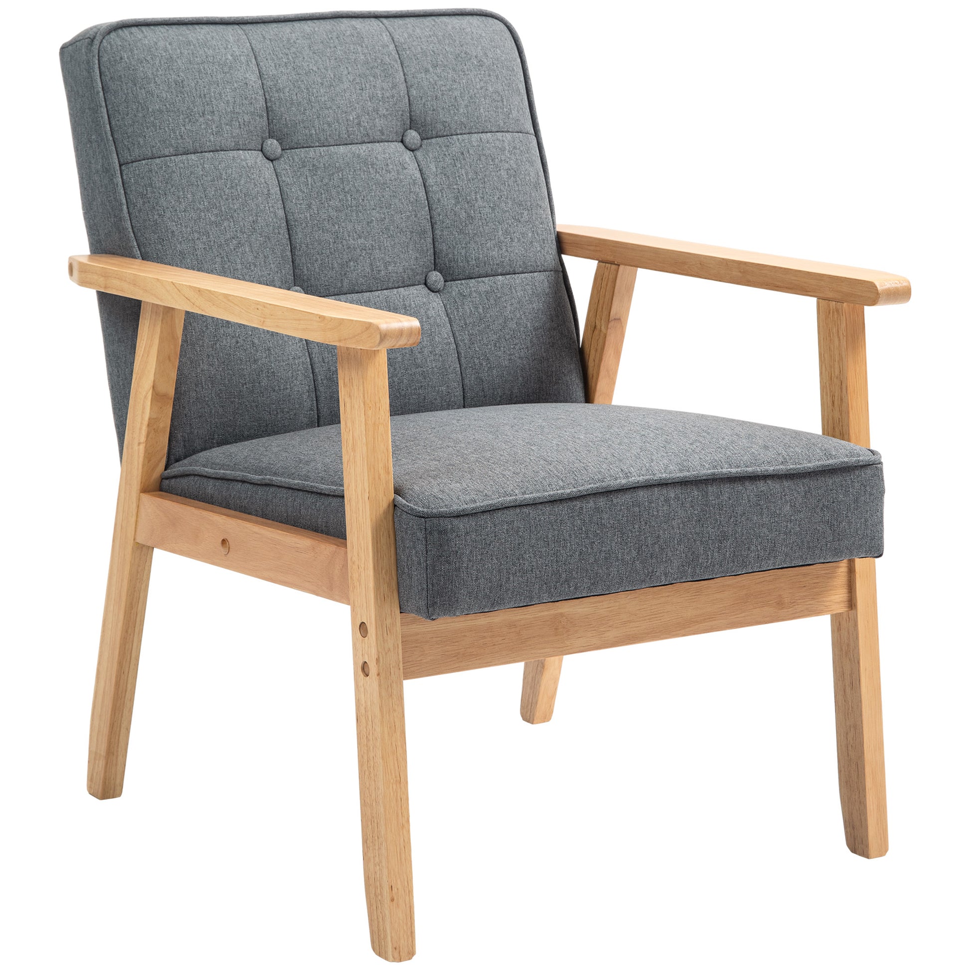 Modern Grey Linen Fabric Button Tufted Accent Chair Solid Wood Frame