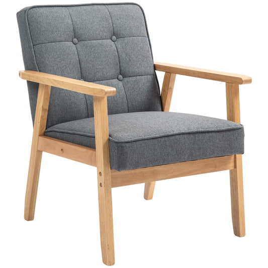 Modern Grey Linen Fabric Button Tufted Accent Chair Solid Wood Frame