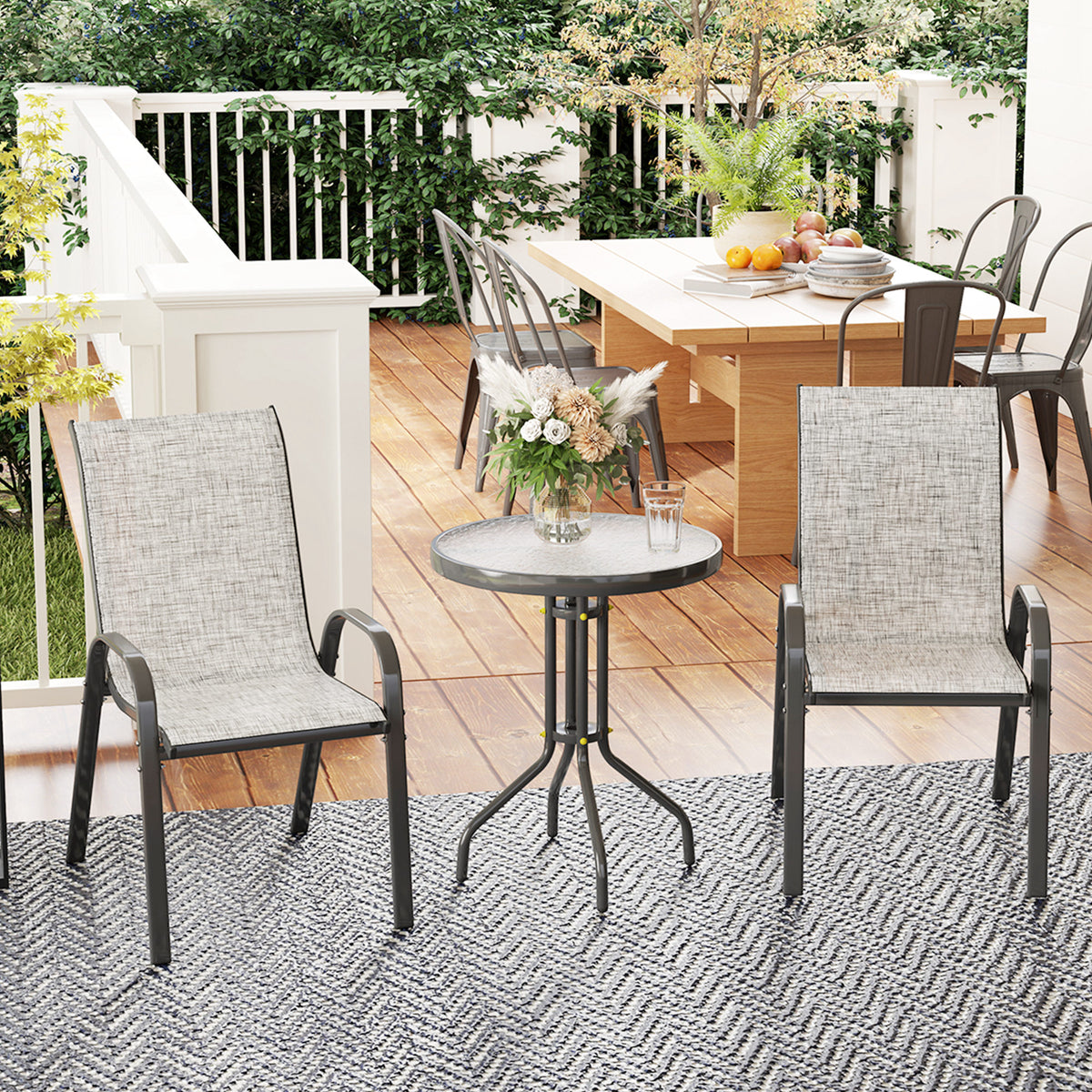 3 Pieces Bistro Set, Small Patio Furniture Set with Stackable Mesh Chairs, Glass Table for Garden, Balcony – Grey