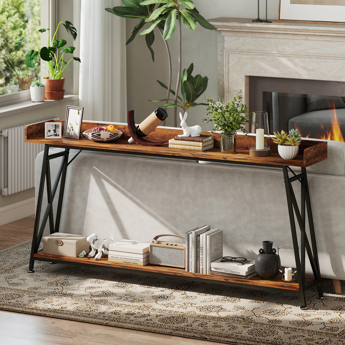 71" Extra Long Industrial Console Table with Shelf & Guardrails