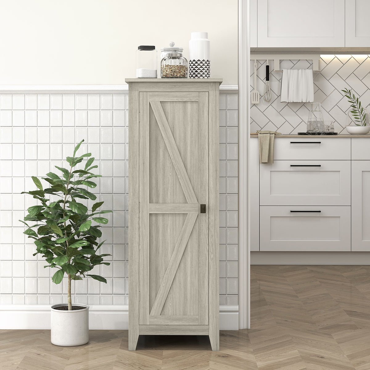 Farmhouse Kitchen Pantry Storage Cabinet with Barn Door – 17"W x 48"H
