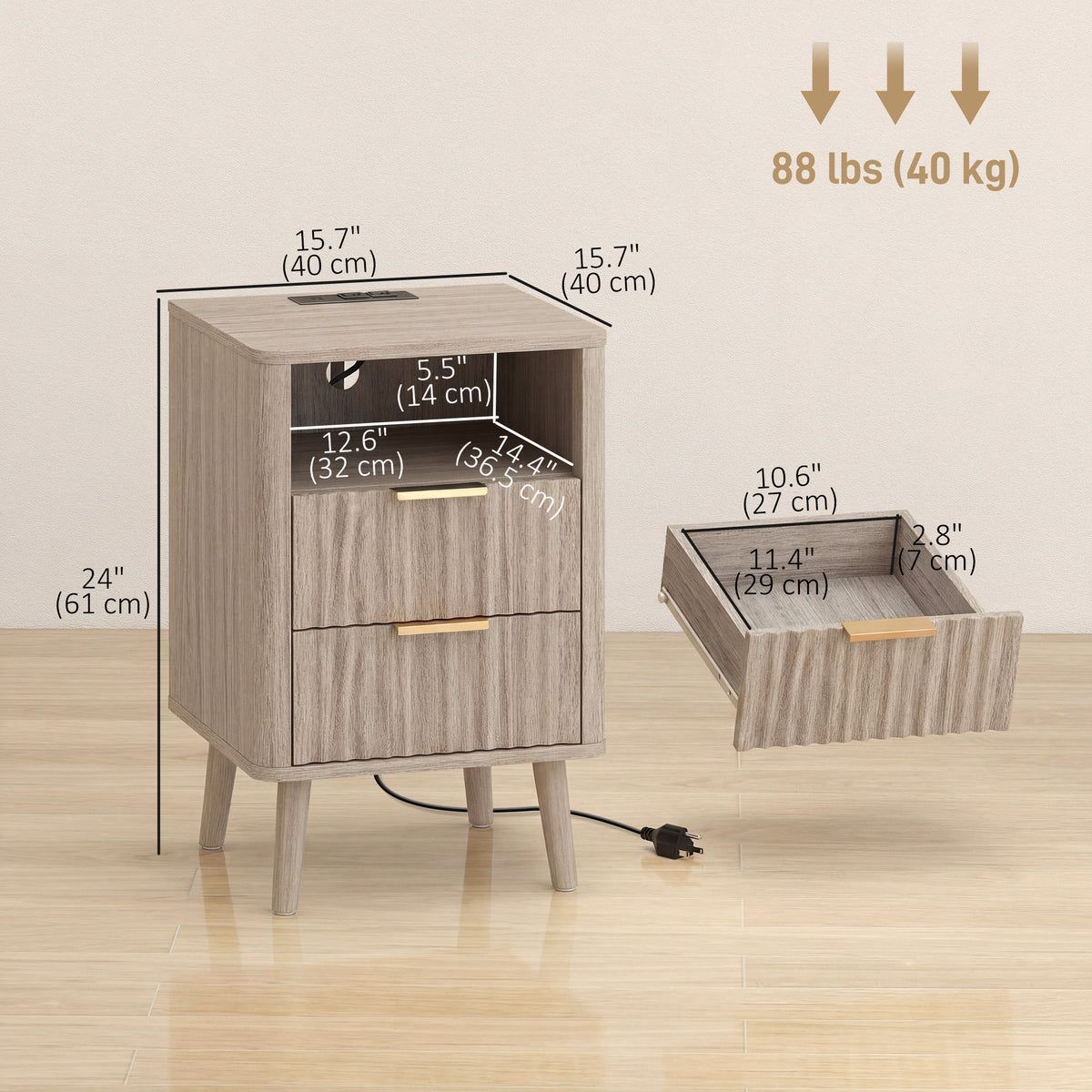 Nightstands with Charging Station, 2 Drawers and Shelf, Set of 2 – 16"W x 24"H