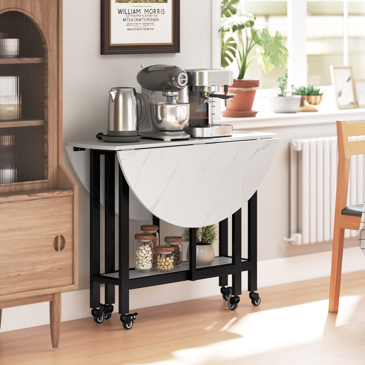 39" Round Folding Dining Table with Open Shelf and Lockable Wheels